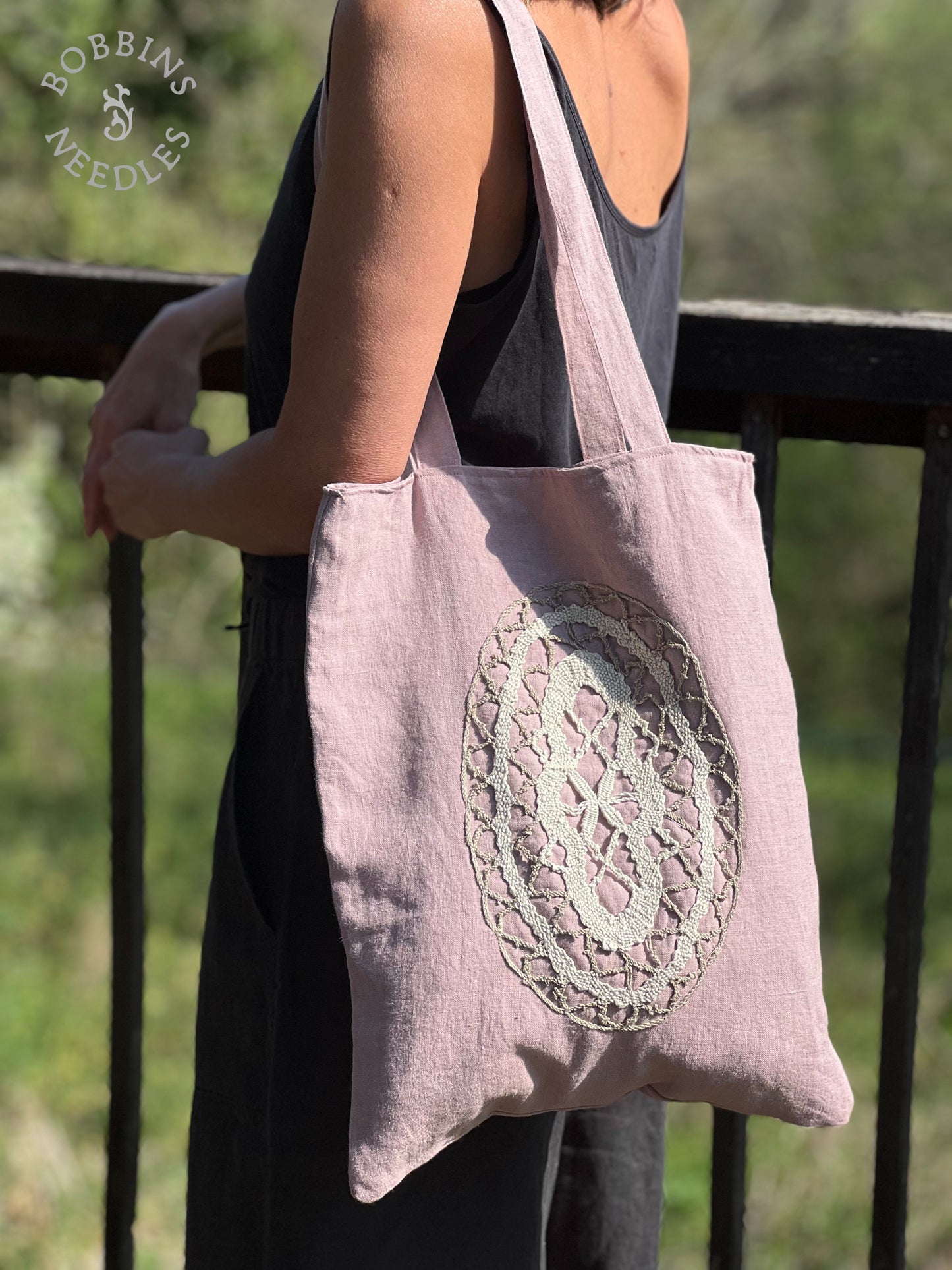 Linen Tote Bag | European Linen | Handmade Lace | Dusty Pink - Bobbins&Needles