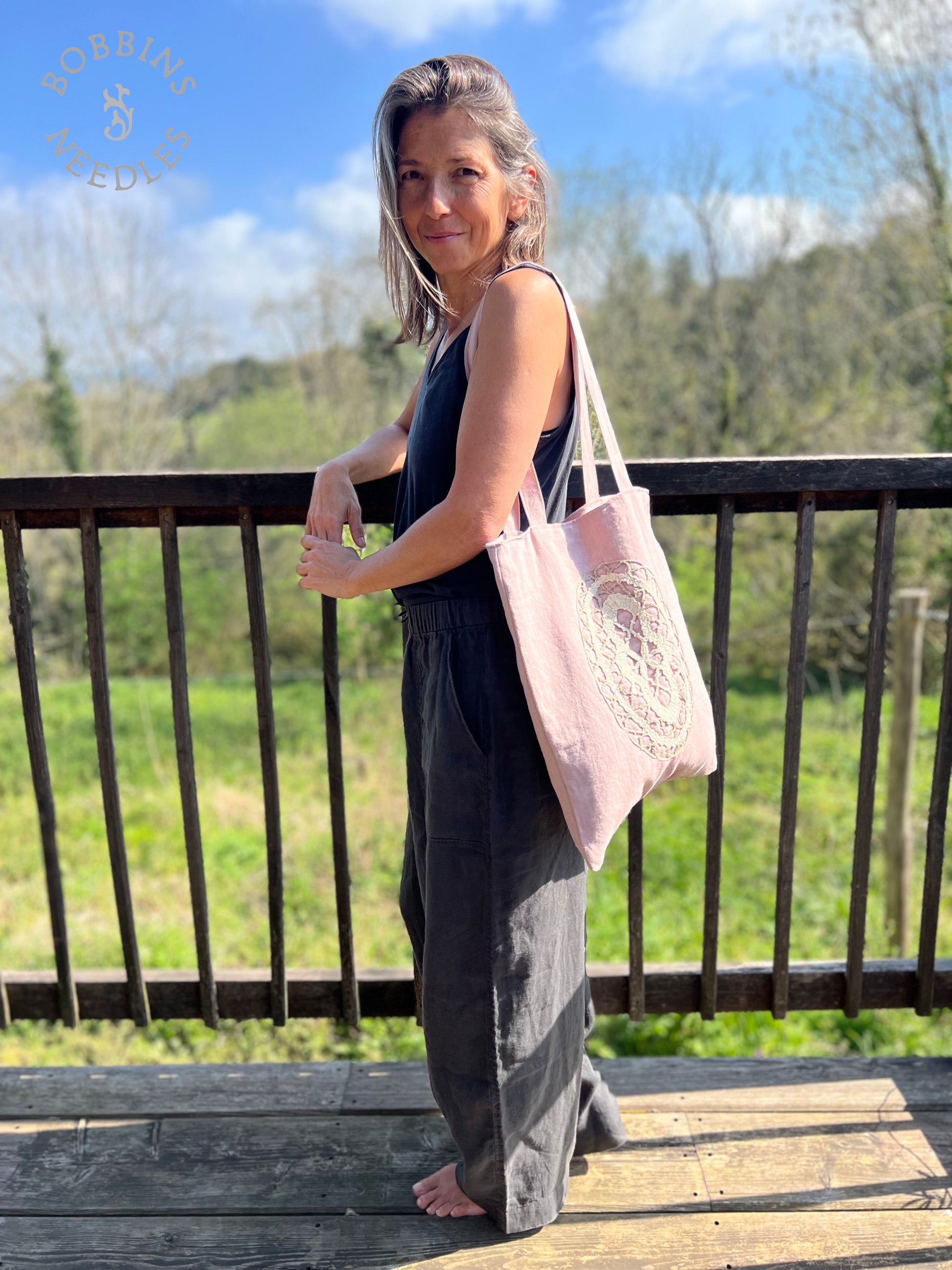 Linen Tote Bag | European Linen | Handmade Lace | Dusty Pink - Bobbins&Needles