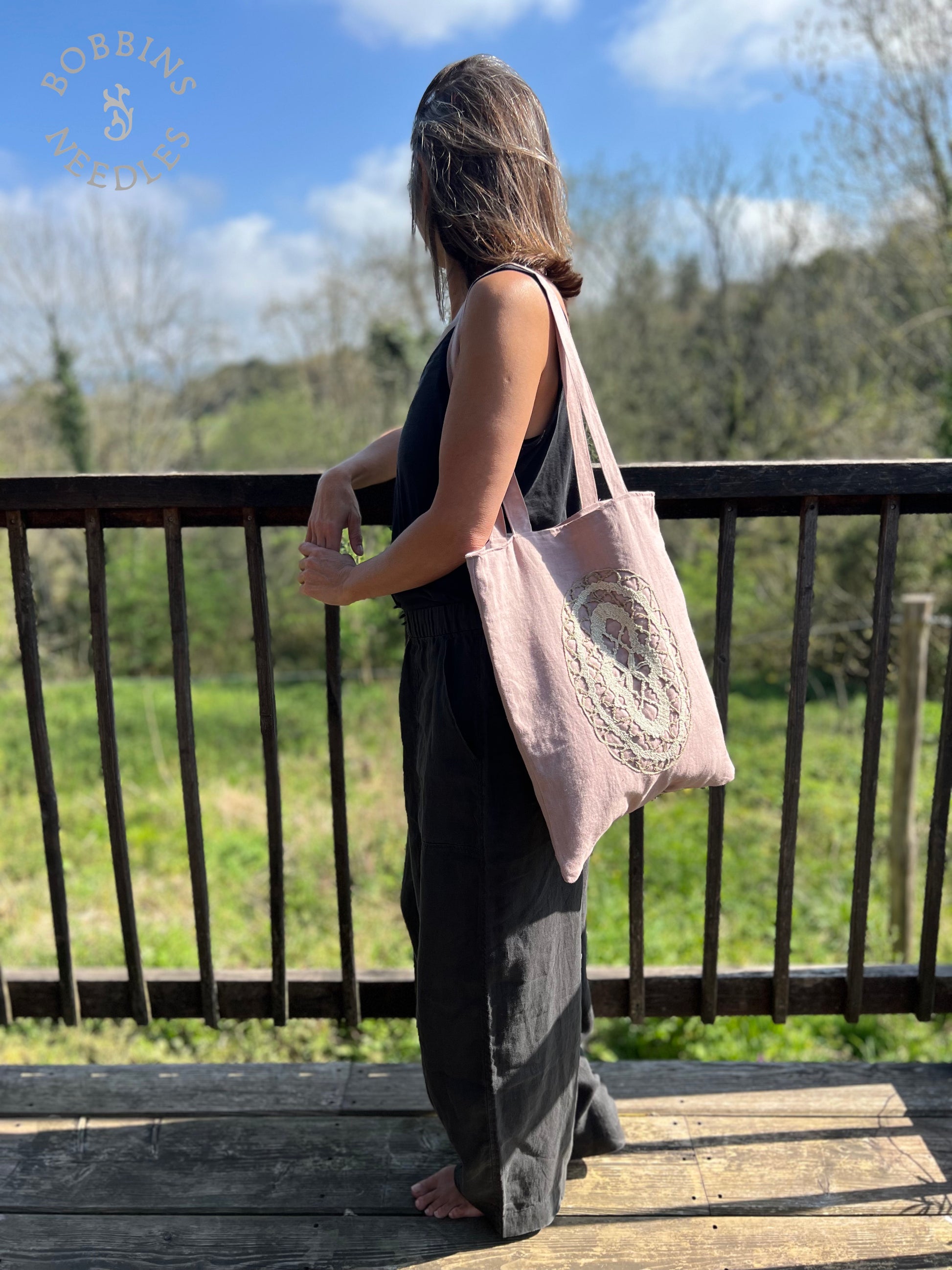 Linen Tote Bag | European Linen | Handmade Lace | Dusty Pink - Bobbins&Needles