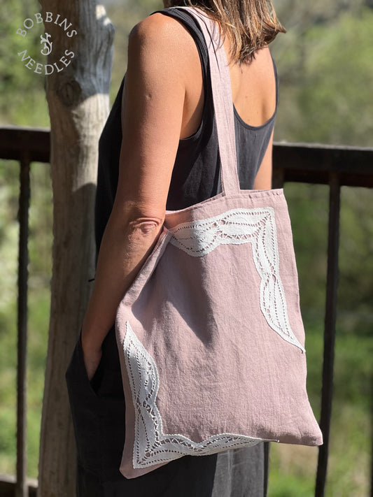 Dusty Pink Linen Tote Bag | European Linen | Handmade Lace - Bobbins&Needles