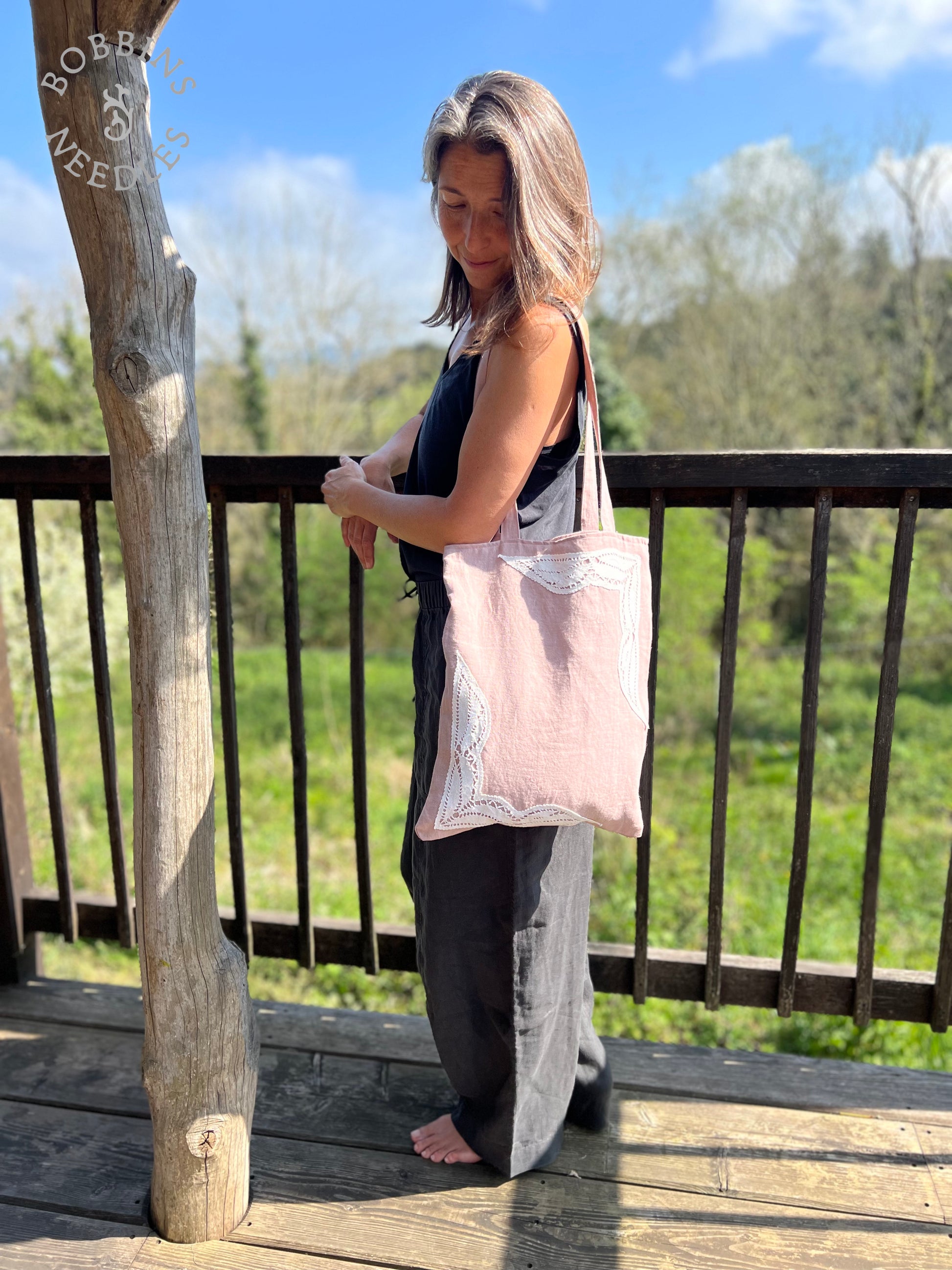 Dusty Pink Linen Tote Bag | European Linen | Handmade Lace - Bobbins&Needles