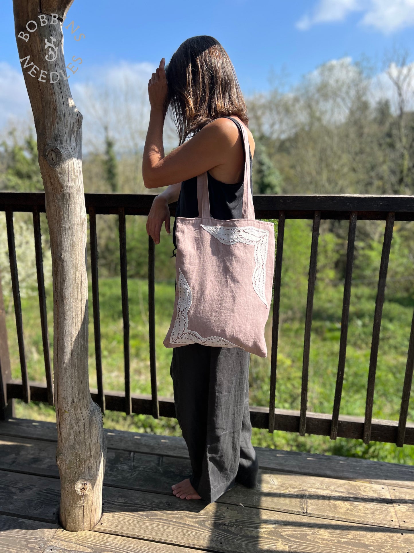 Dusty Pink Linen Tote Bag | European Linen | Handmade Lace - Bobbins&Needles