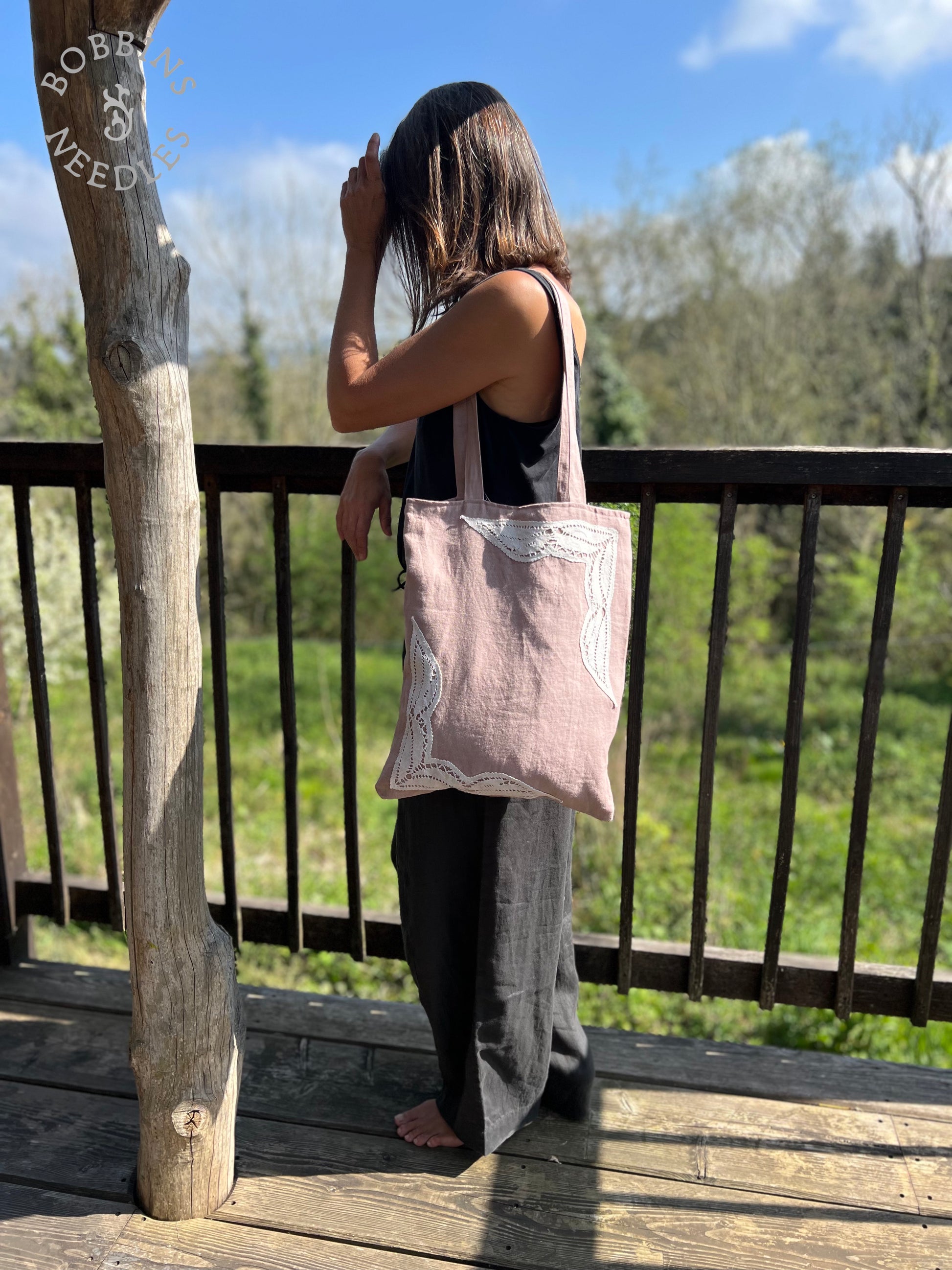 Dusty Pink Linen Tote Bag | European Linen | Handmade Lace - Bobbins&Needles