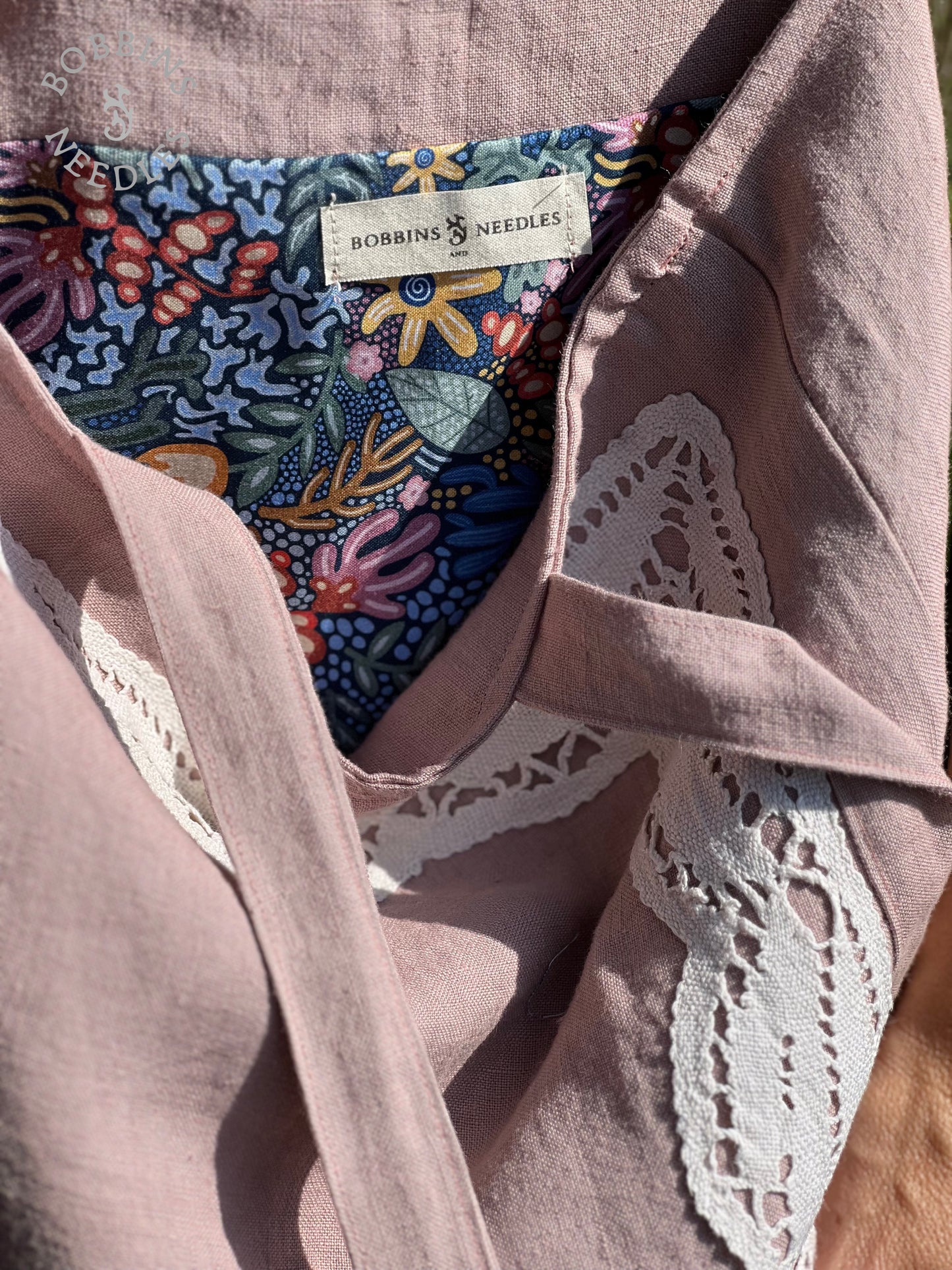 Dusty Pink Linen Tote Bag | European Linen | Handmade Lace - Bobbins&Needles
