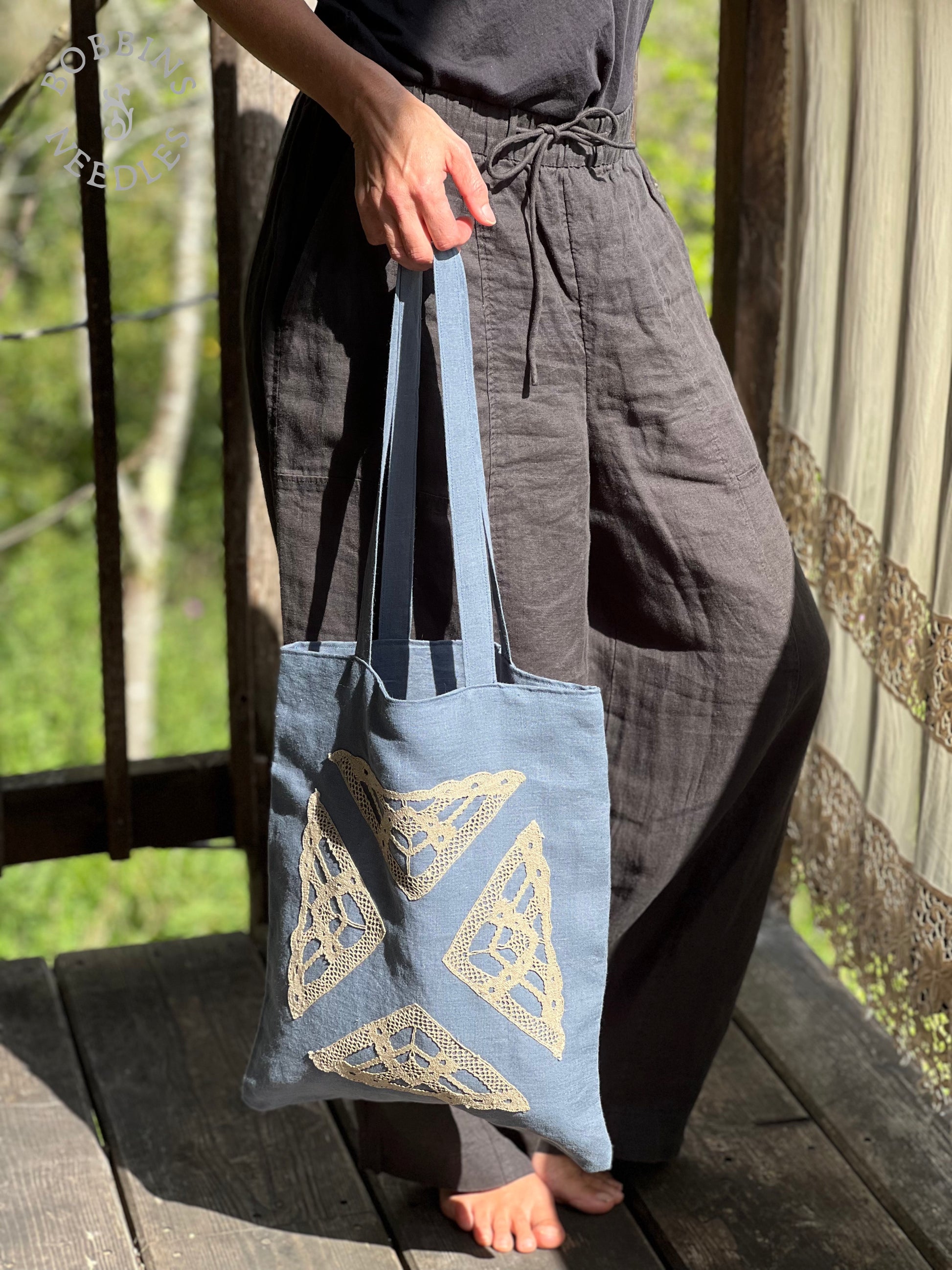 Dusty Blue Linen Tote Bag | Handmade | One of a Kind - Bobbins&Needles