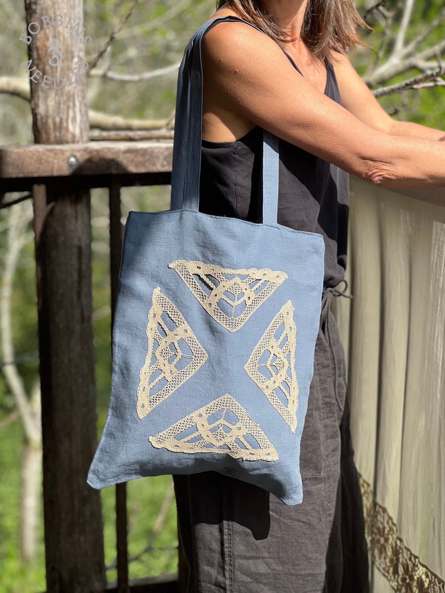 Dusty Blue Linen Tote Bag | Handmade | One of a Kind - Bobbins&Needles