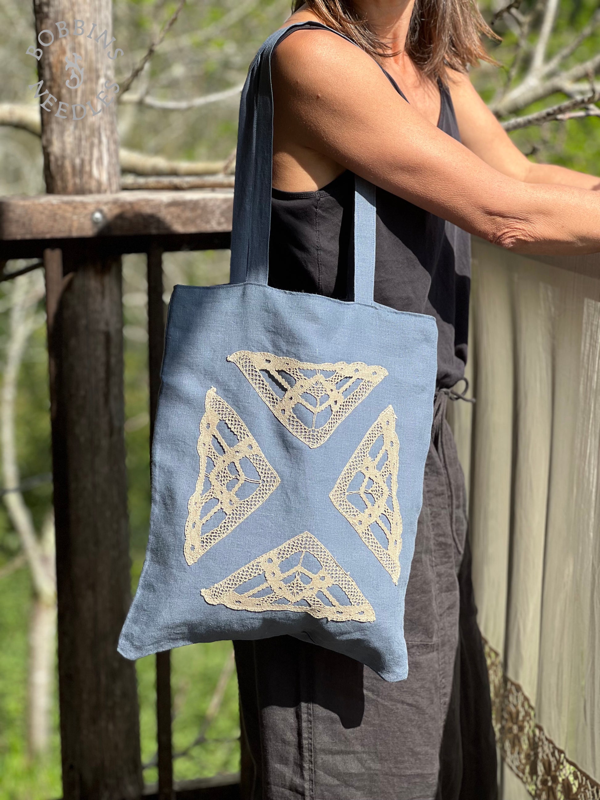 Dusty Blue Linen Tote Bag | Handmade | One of a Kind - Bobbins&Needles