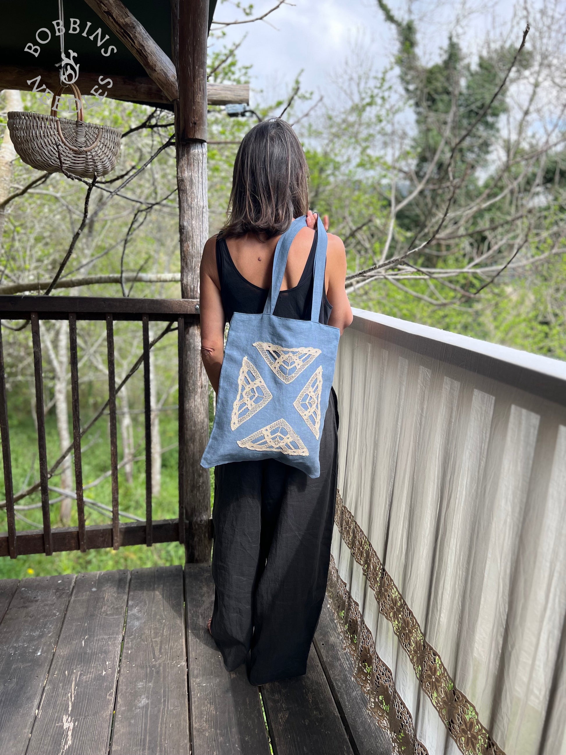 Dusty Blue Linen Tote Bag | Handmade | One of a Kind - Bobbins&Needles