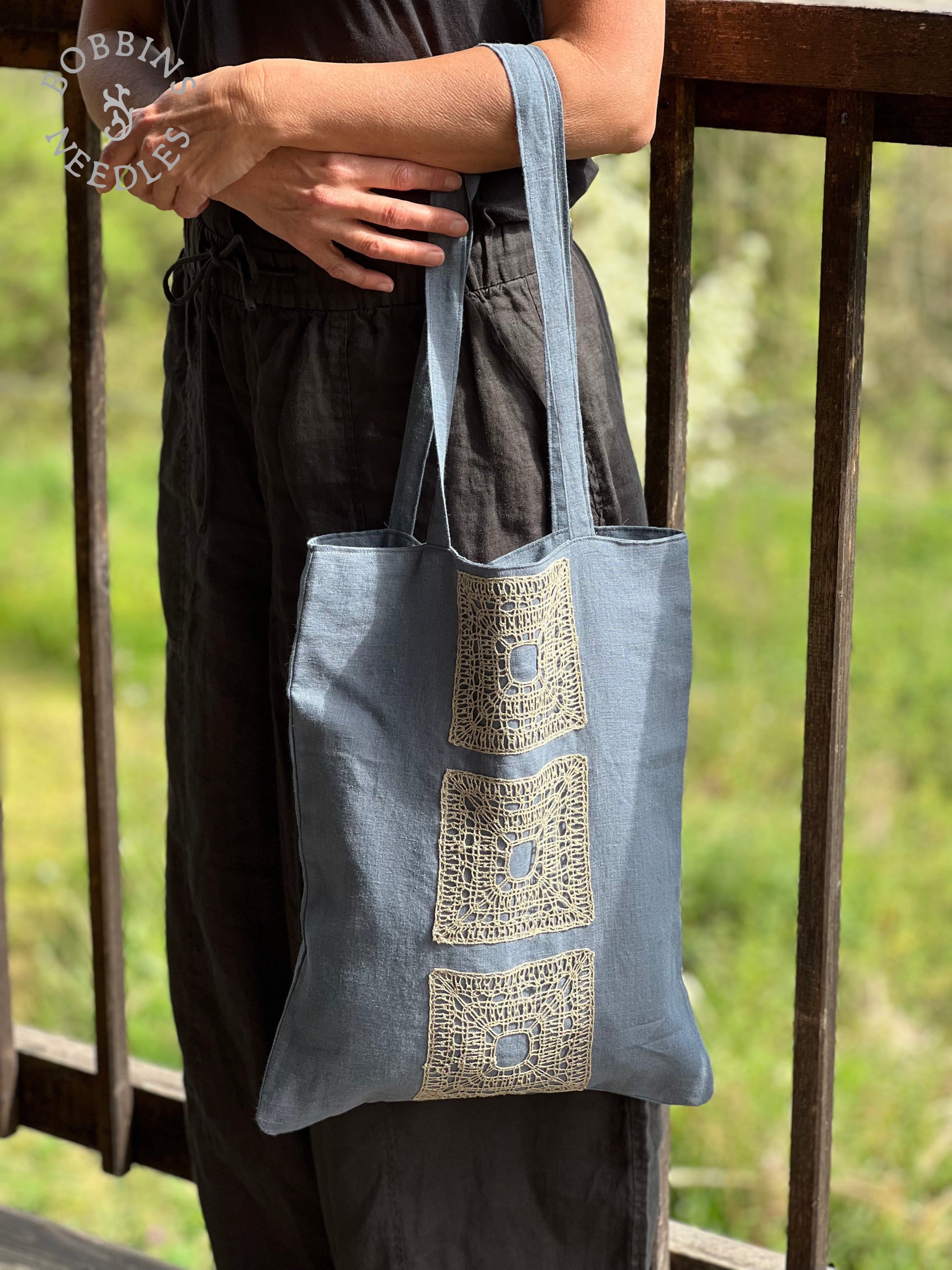 Linen Tote Bag | Dusty Blue | Handmade | One of a Kind - Bobbins&Needles