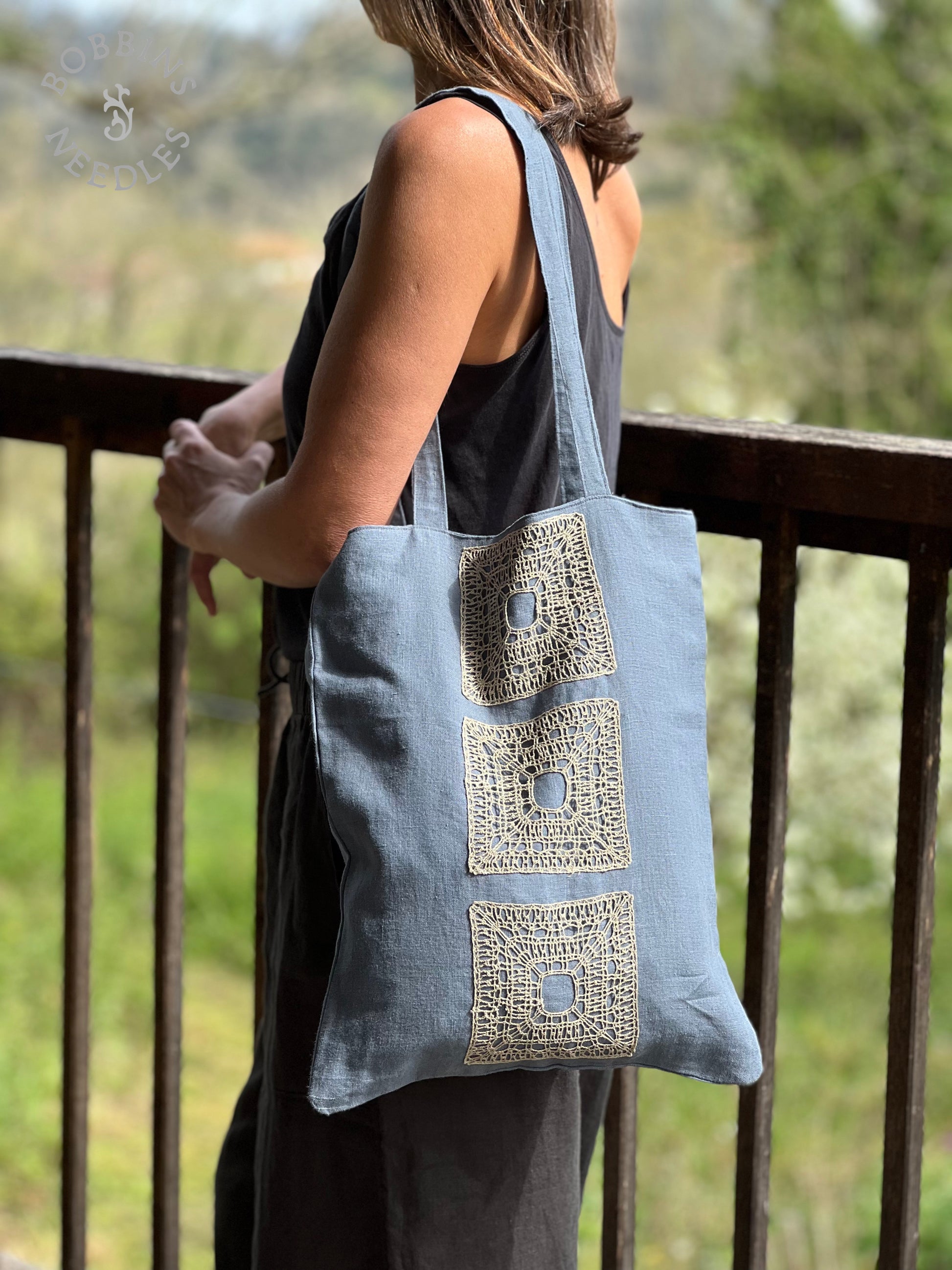 Linen Tote Bag | Dusty Blue | Handmade | One of a Kind - Bobbins&Needles
