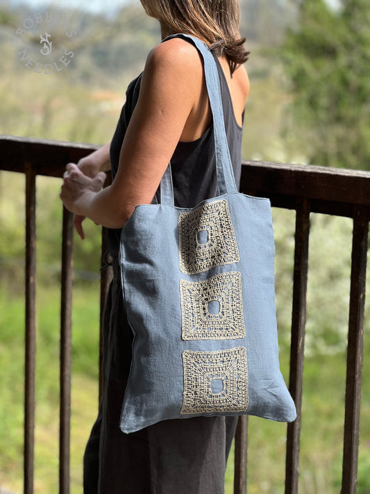 Linen Tote Bag | Dusty Blue | Handmade | One of a Kind - Bobbins&Needles