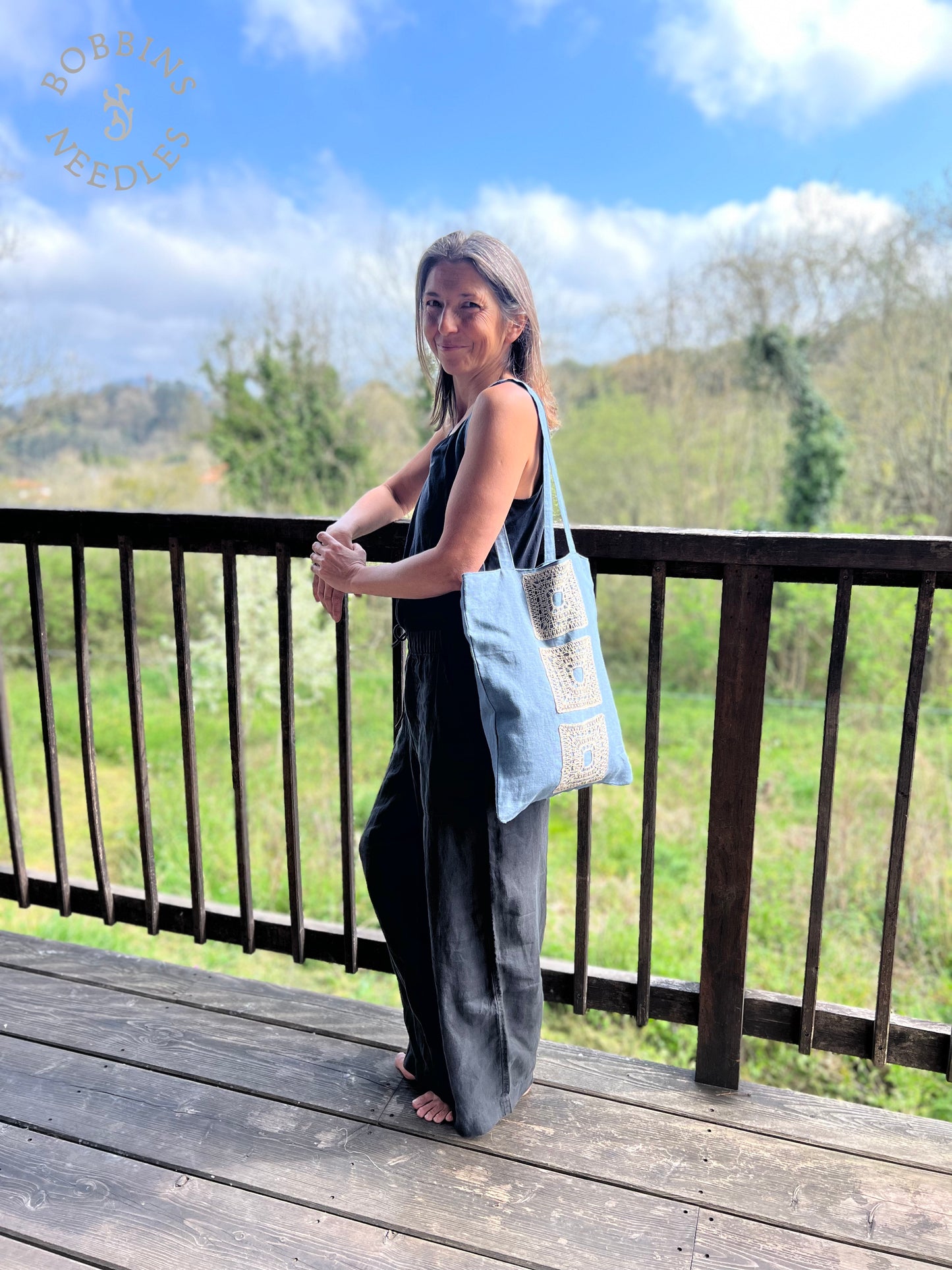 Linen Tote Bag | Dusty Blue | Handmade | One of a Kind - Bobbins&Needles