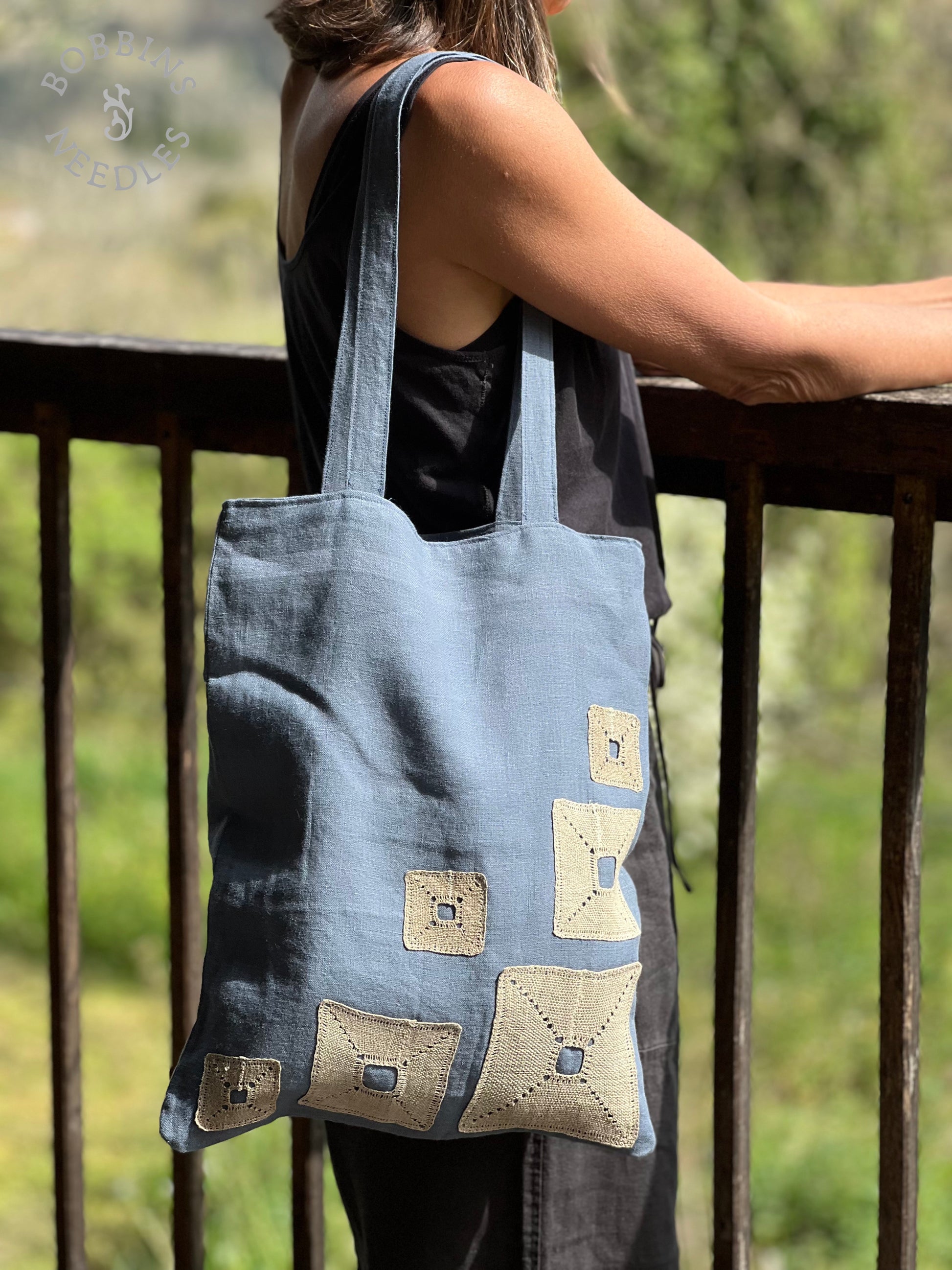 Linen Tote Bag | Handmade Lace | Dusty Blue - Bobbins&Needles
