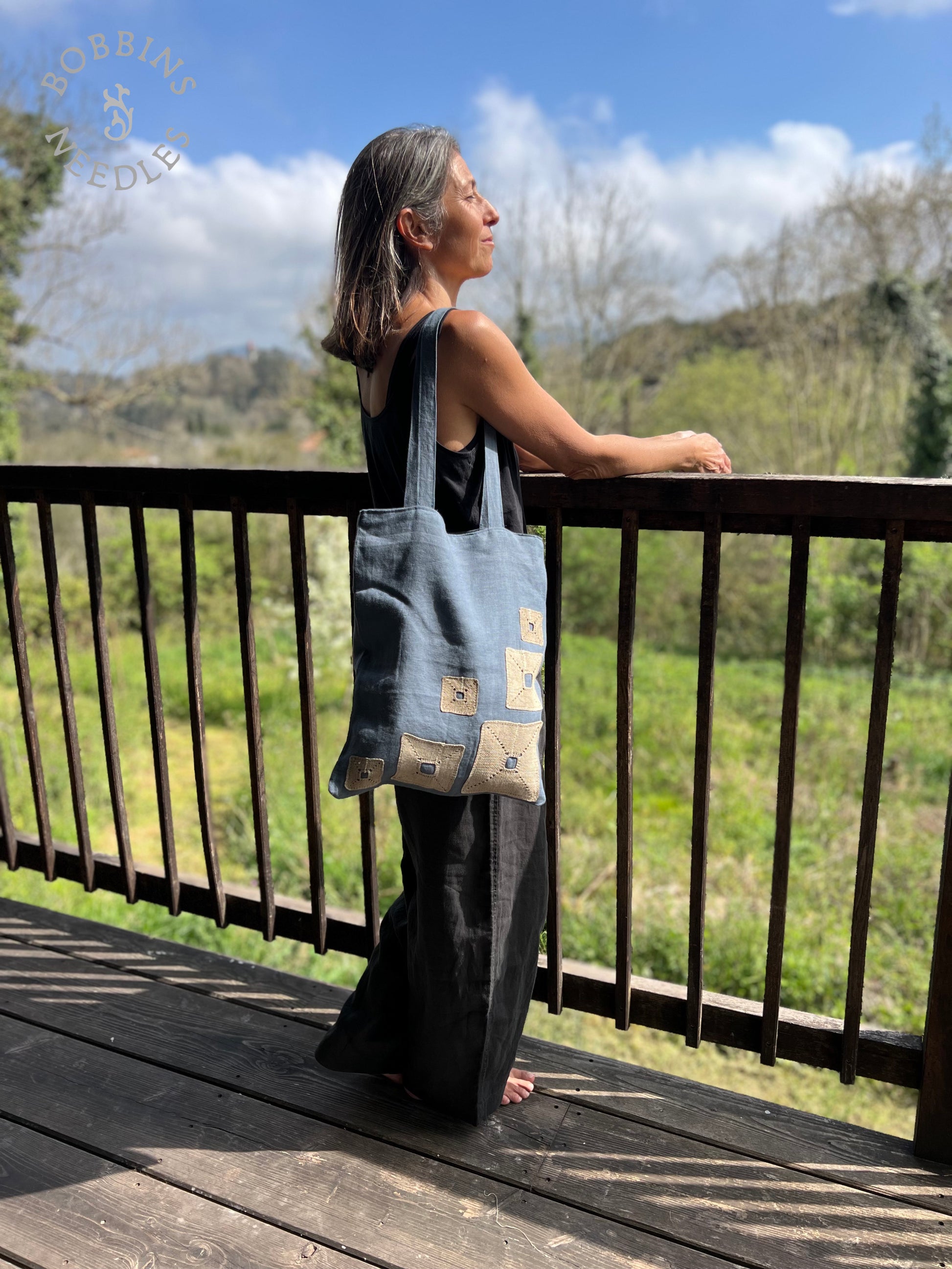 Linen Tote Bag | Handmade Lace | Dusty Blue - Bobbins&Needles