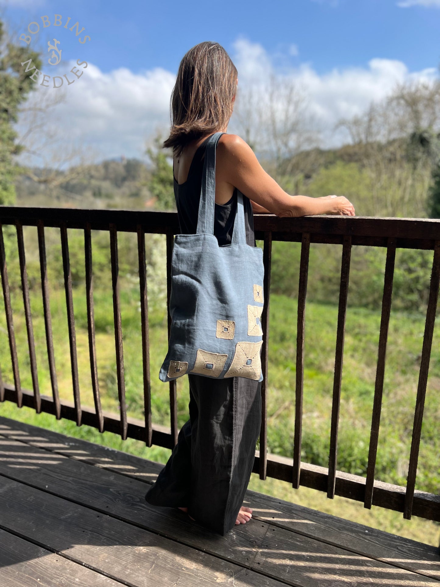 Linen Tote Bag | Handmade Lace | Dusty Blue - Bobbins&Needles