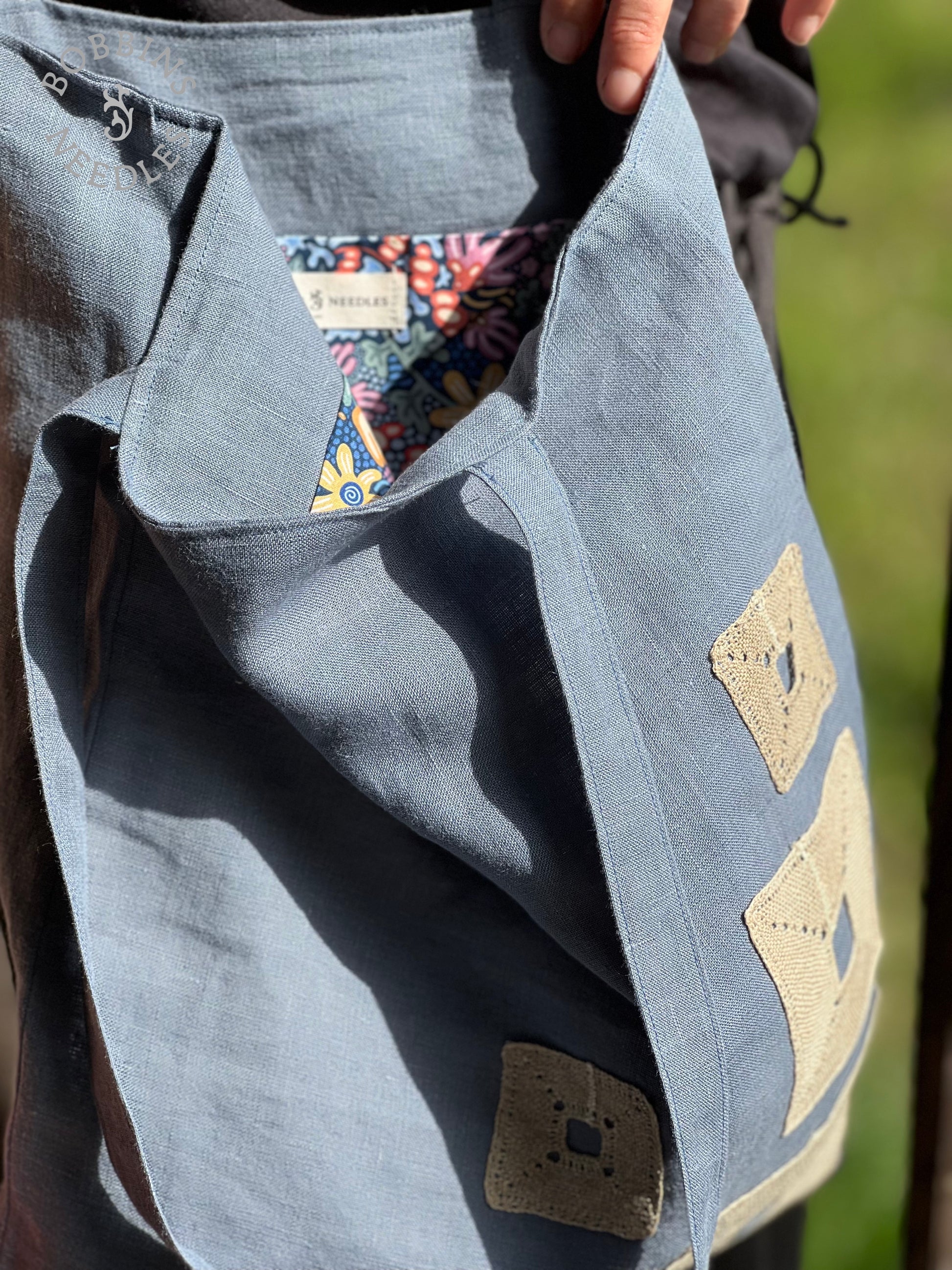 Linen Tote Bag | Handmade Lace | Dusty Blue - Bobbins&Needles