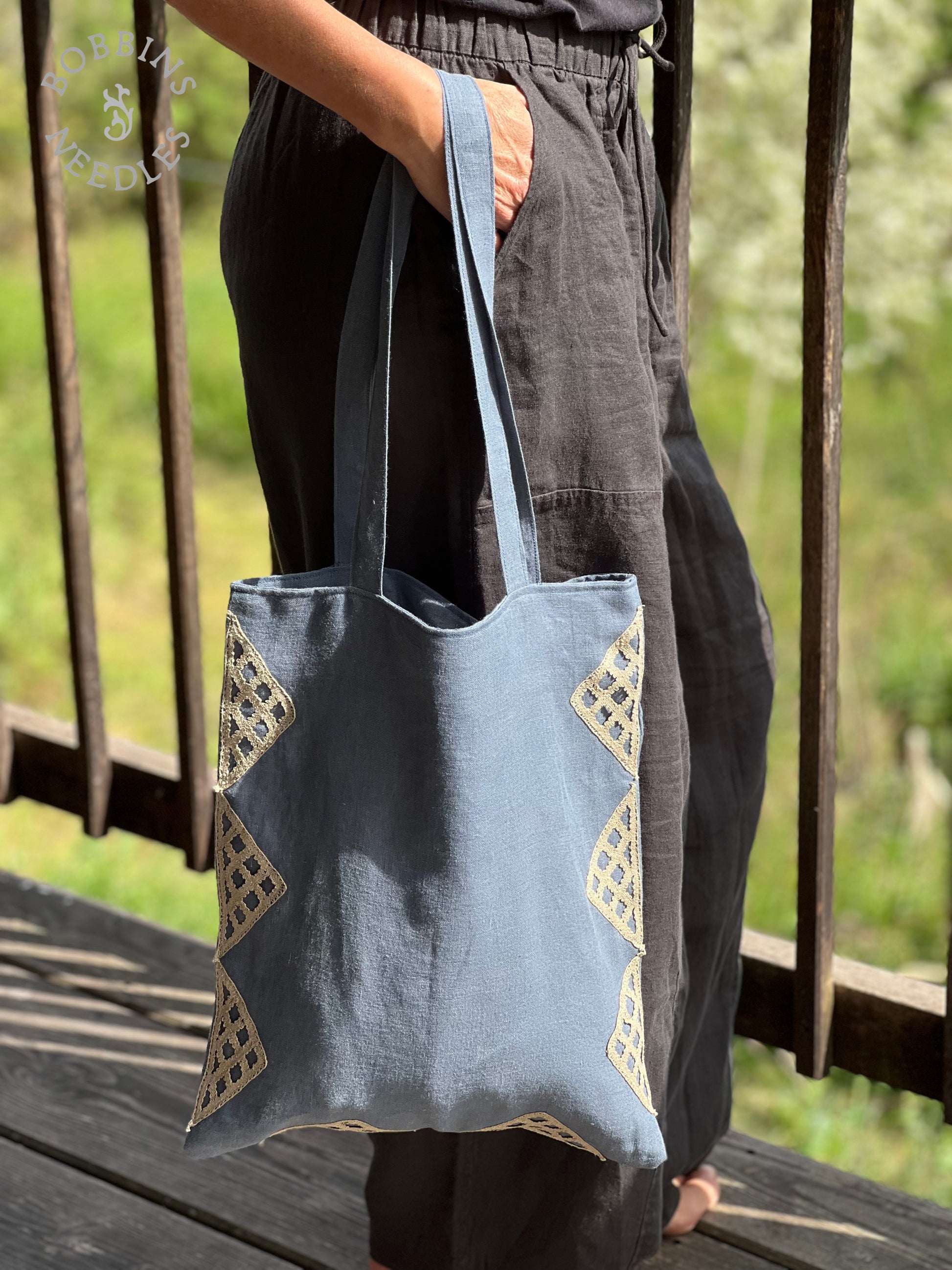 Linen Tote Bag | European Linen | Handmade | Dusty Blue - Bobbins&Needles