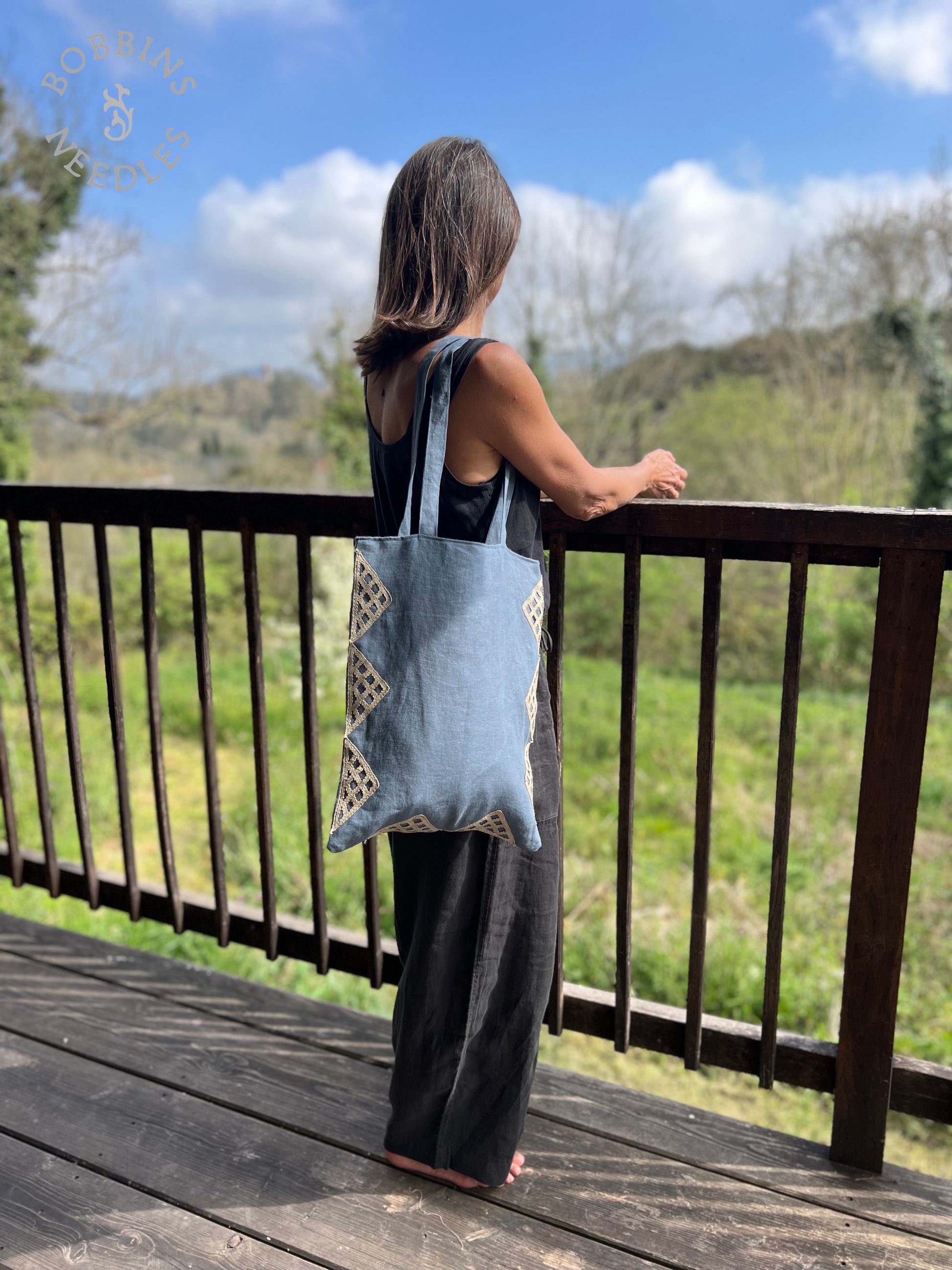 Linen Tote Bag | European Linen | Handmade | Dusty Blue - Bobbins&Needles