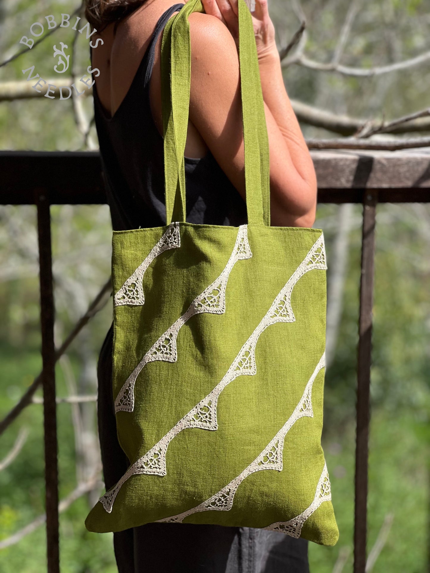 Linen Tote Bag | European Linen | Handmade | One of a Kind | Moss Green - Bobbins&Needles