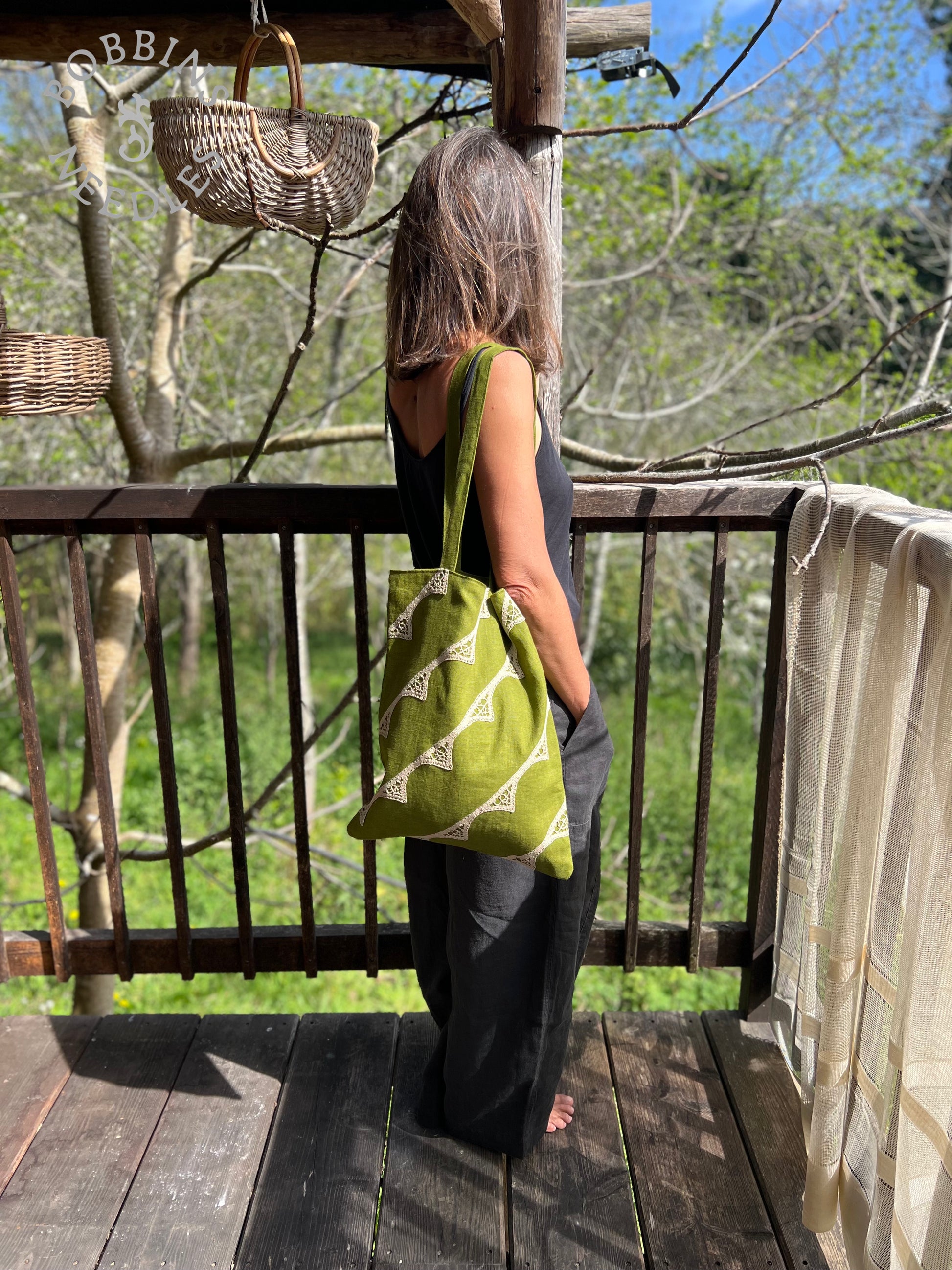 Linen Tote Bag | European Linen | Handmade | One of a Kind | Moss Green - Bobbins&Needles