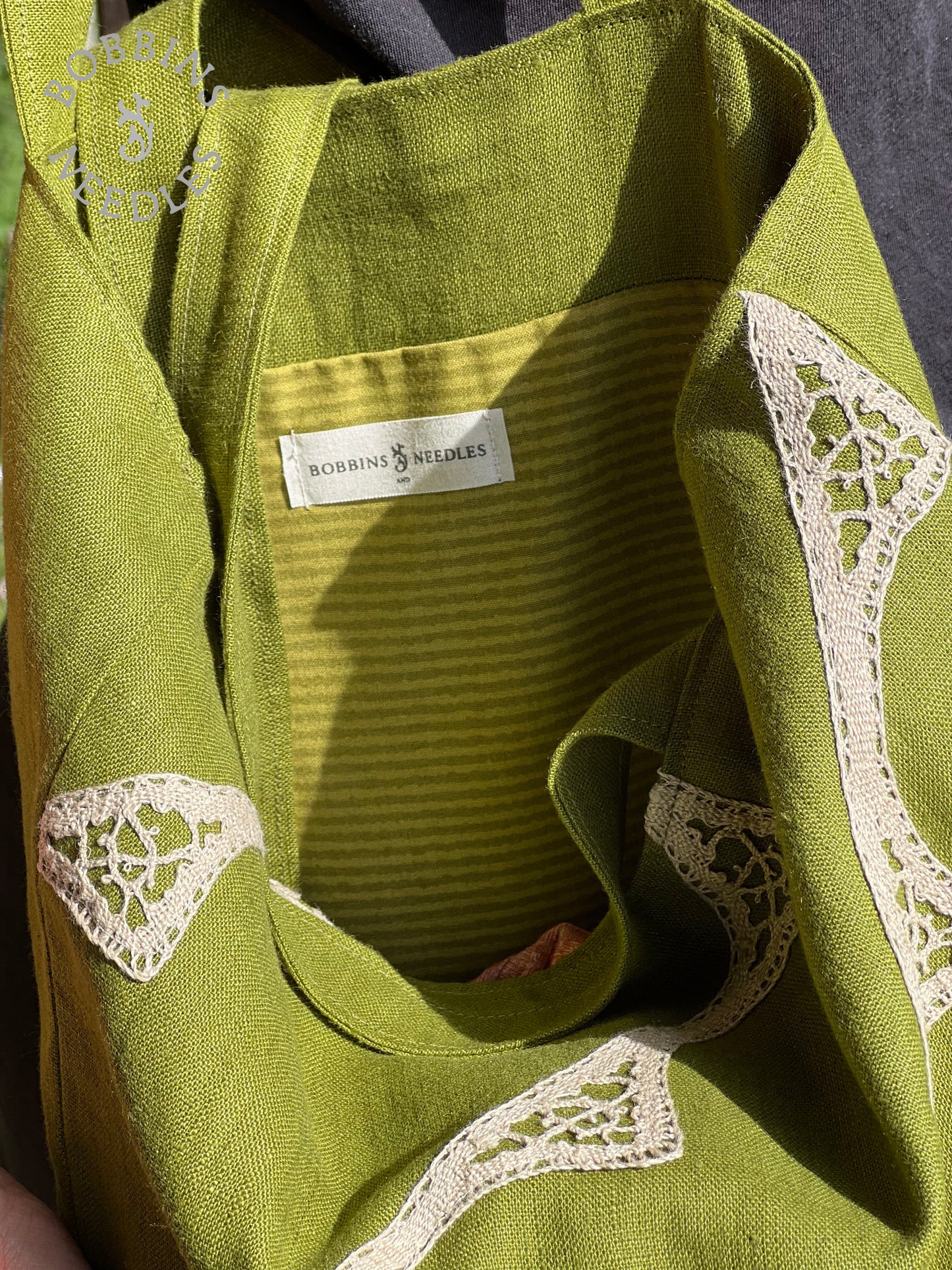 Linen Tote Bag | European Linen | Handmade | One of a Kind | Moss Green - Bobbins&Needles