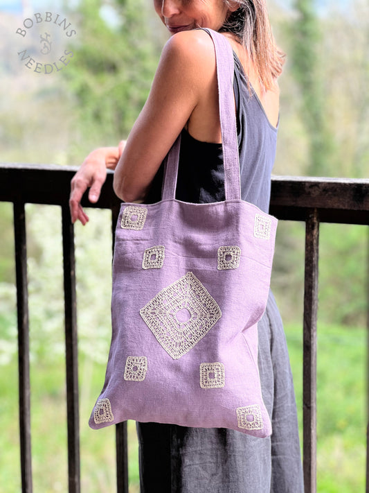 Soft Lilac Linen Tote Bag | Handmade Lace | One of a Kind - Bobbins&Needles