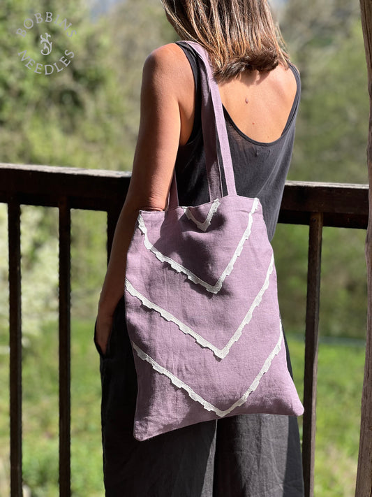 Lilac Linen Tote Bag | European Linen | Handmade French Lace - Bobbins&Needles