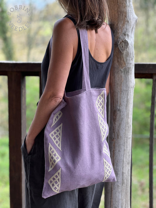 Lilac Linen Tote Bag | Antique Handmade Lace | One of a Kind - Bobbins&Needles