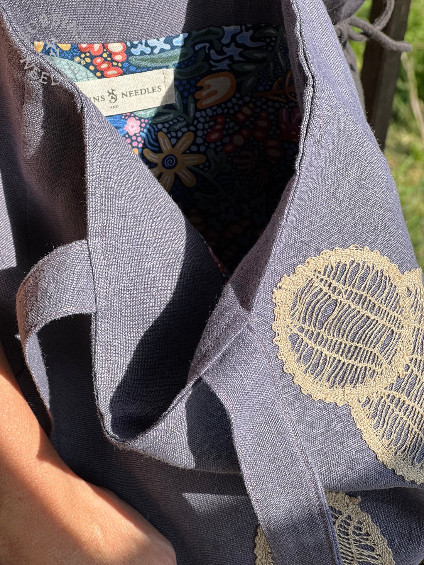 Lavender Linen Tote Bag | Antique French Handmade Lace - Bobbins&Needles