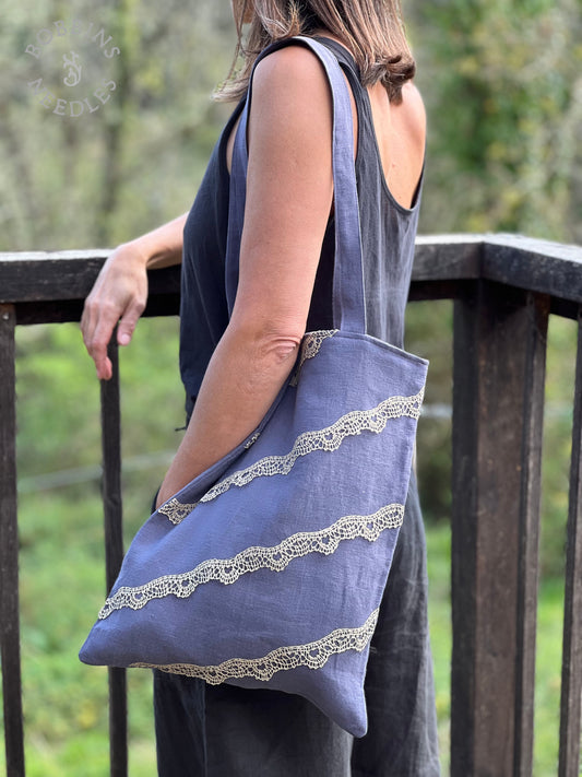 Lavender Linen Tote Bag | European Linen | Handmade Lace - Bobbins&Needles