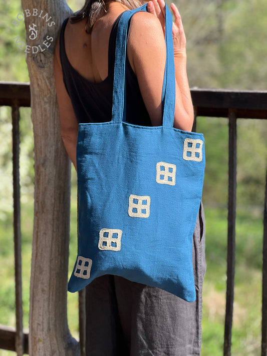 Deep Teal Linen Tote Bag | European Linen | Handmade Lace - Bobbins&Needles