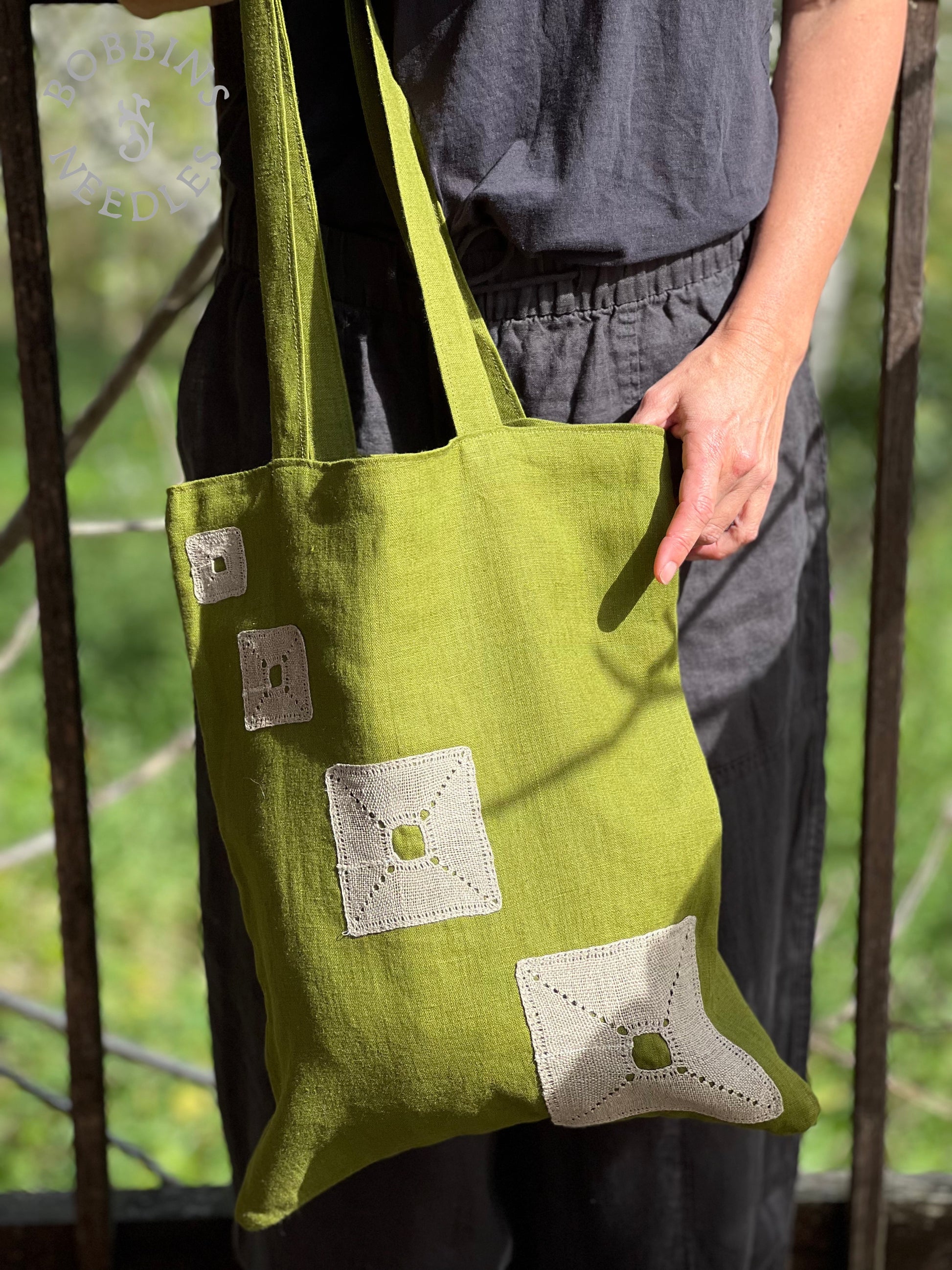 Linen Tote Bag | European Linen | Moss Green | One of a Kind - Bobbins&Needles