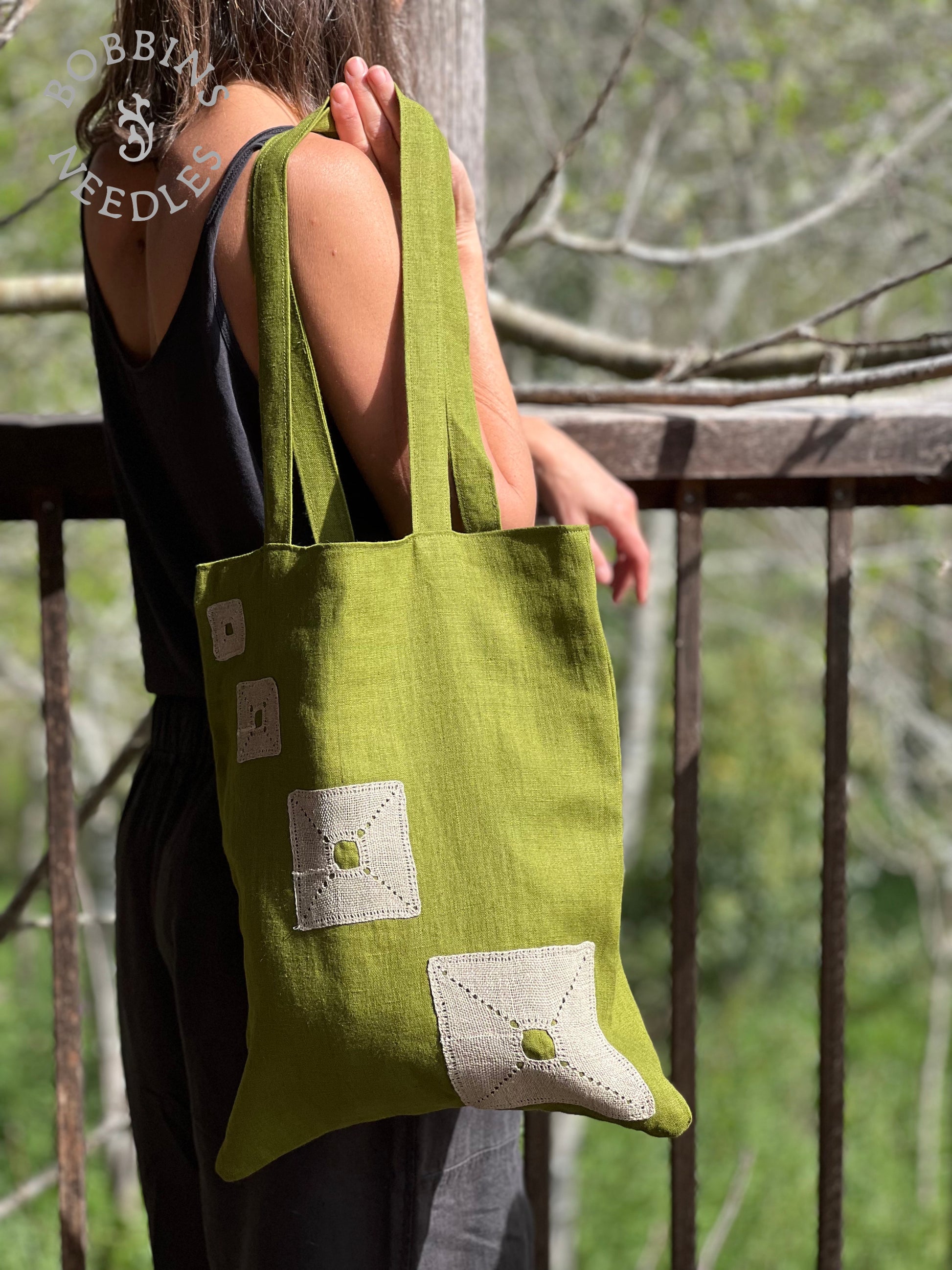 Linen Tote Bag | European Linen | Moss Green | One of a Kind - Bobbins&Needles
