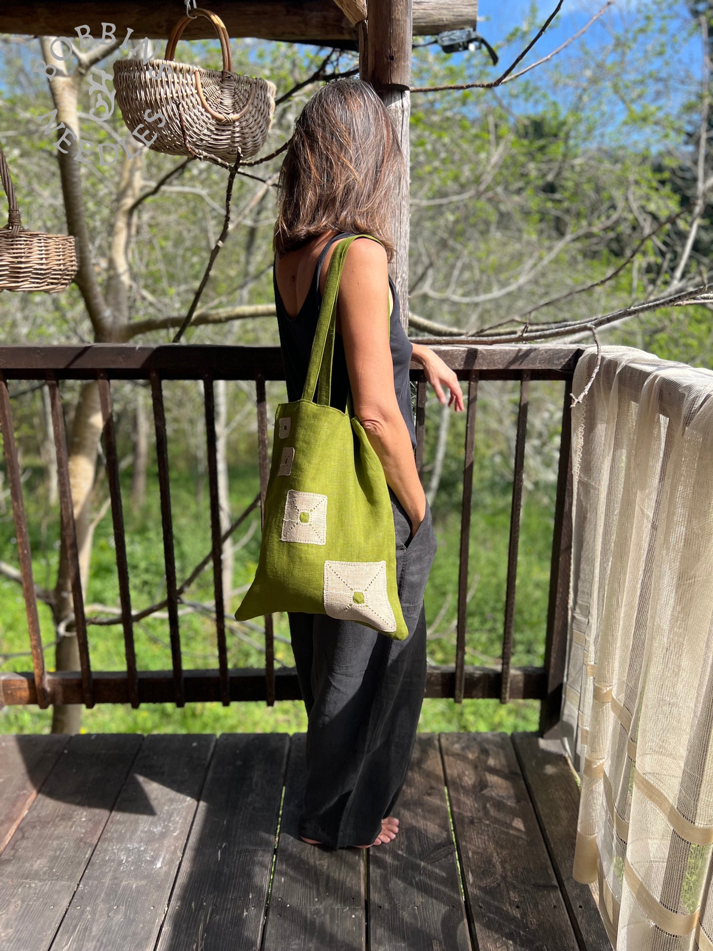 Linen Tote Bag | European Linen | Moss Green | One of a Kind - Bobbins&Needles