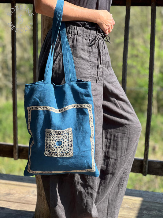 Teal Linen Tote Bag | European Linen | One of a Kind - Bobbins&Needles
