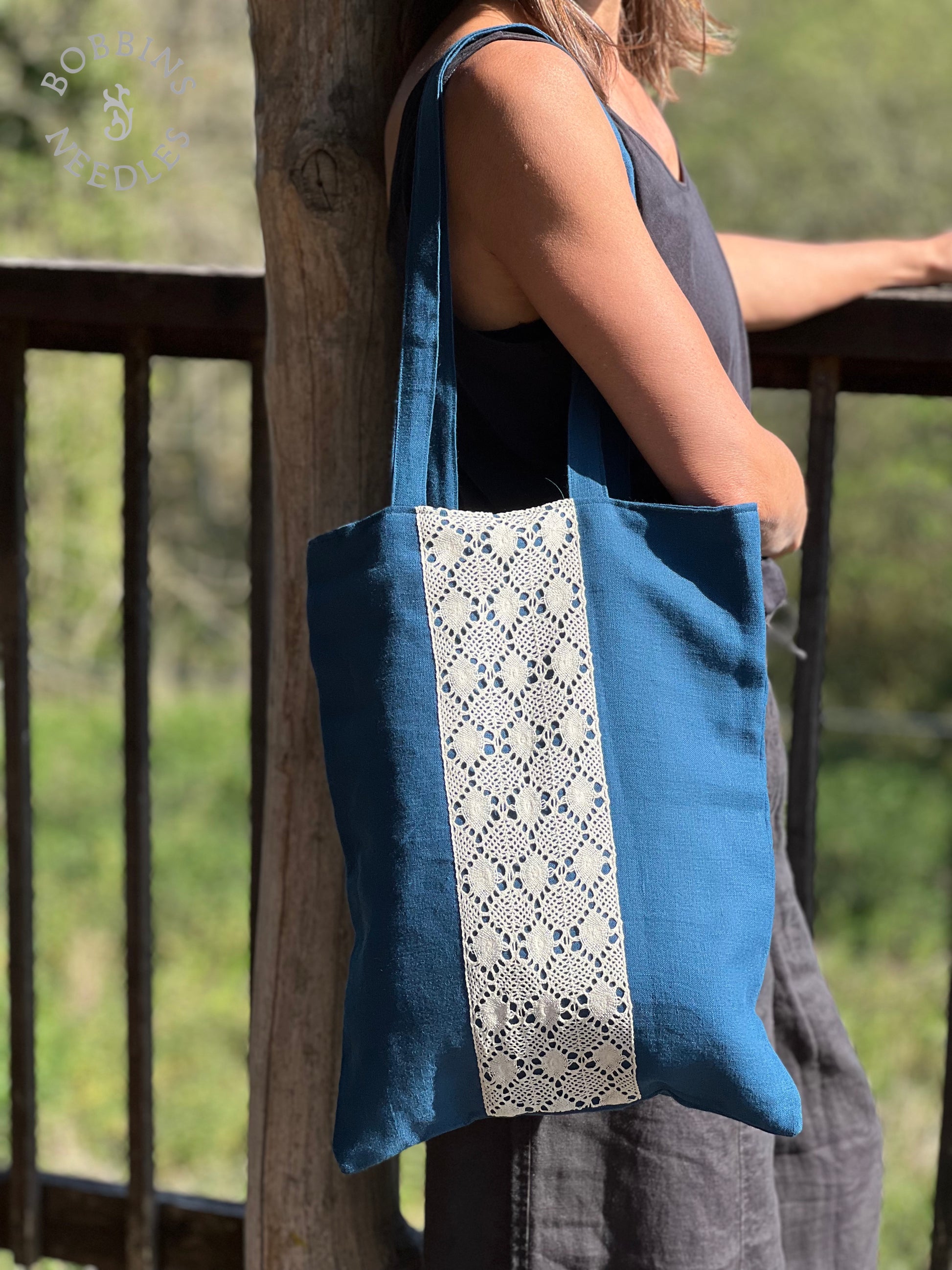 Teal Blue Linen Tote Bag | European Linen - Bobbins&Needles