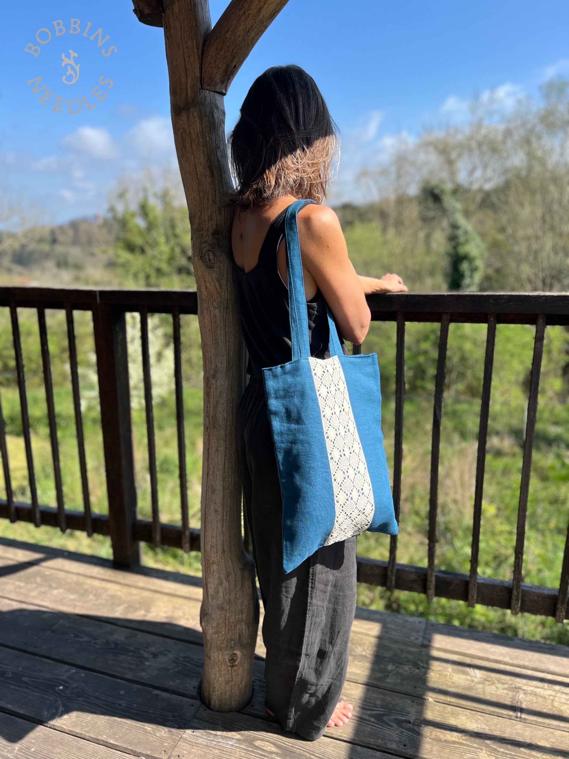 Teal Blue Linen Tote Bag | European Linen - Bobbins&Needles