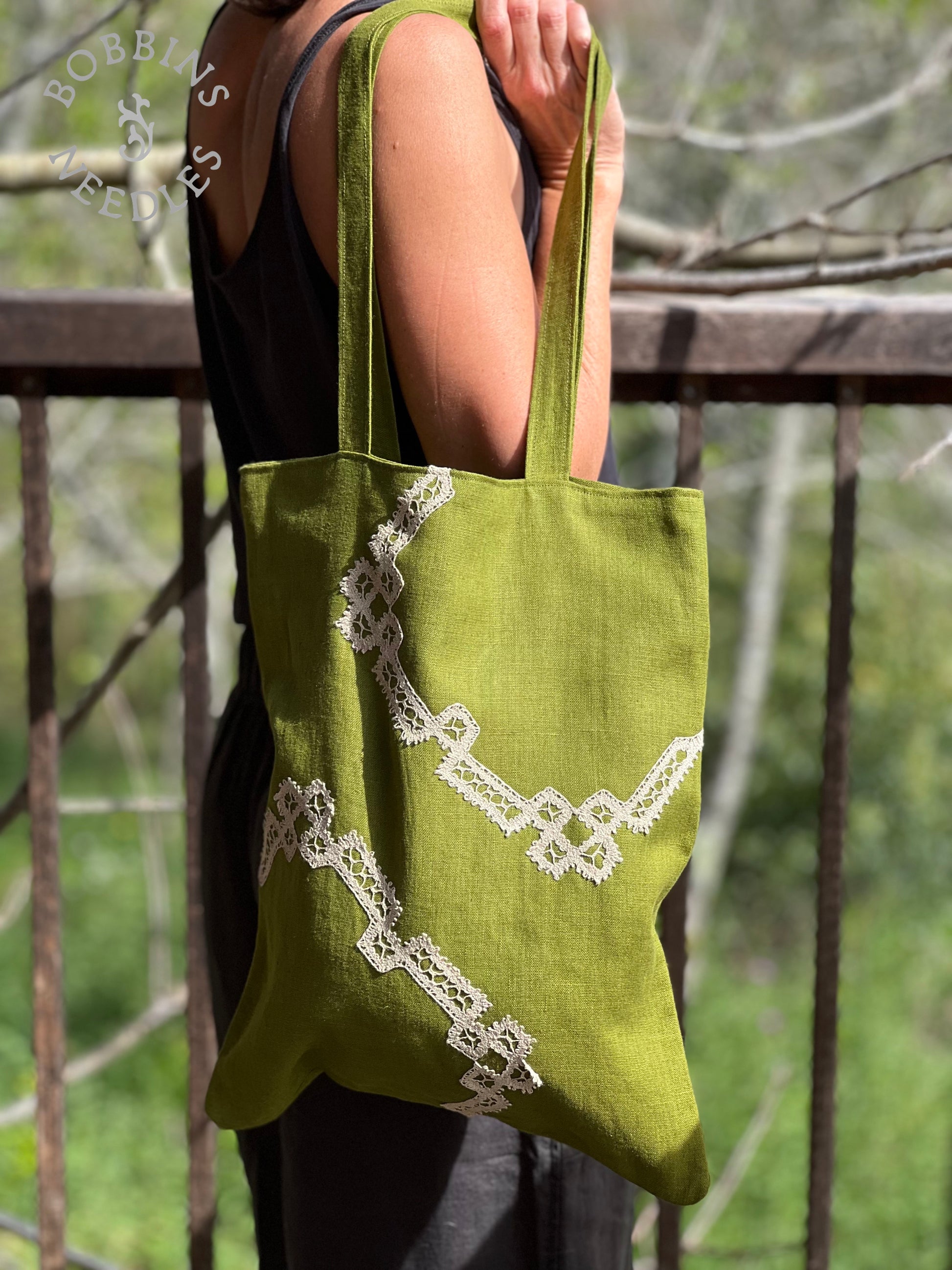 Linen Tote Bag | Moss Green | Handmade | One of a Kind - Bobbins&Needles
