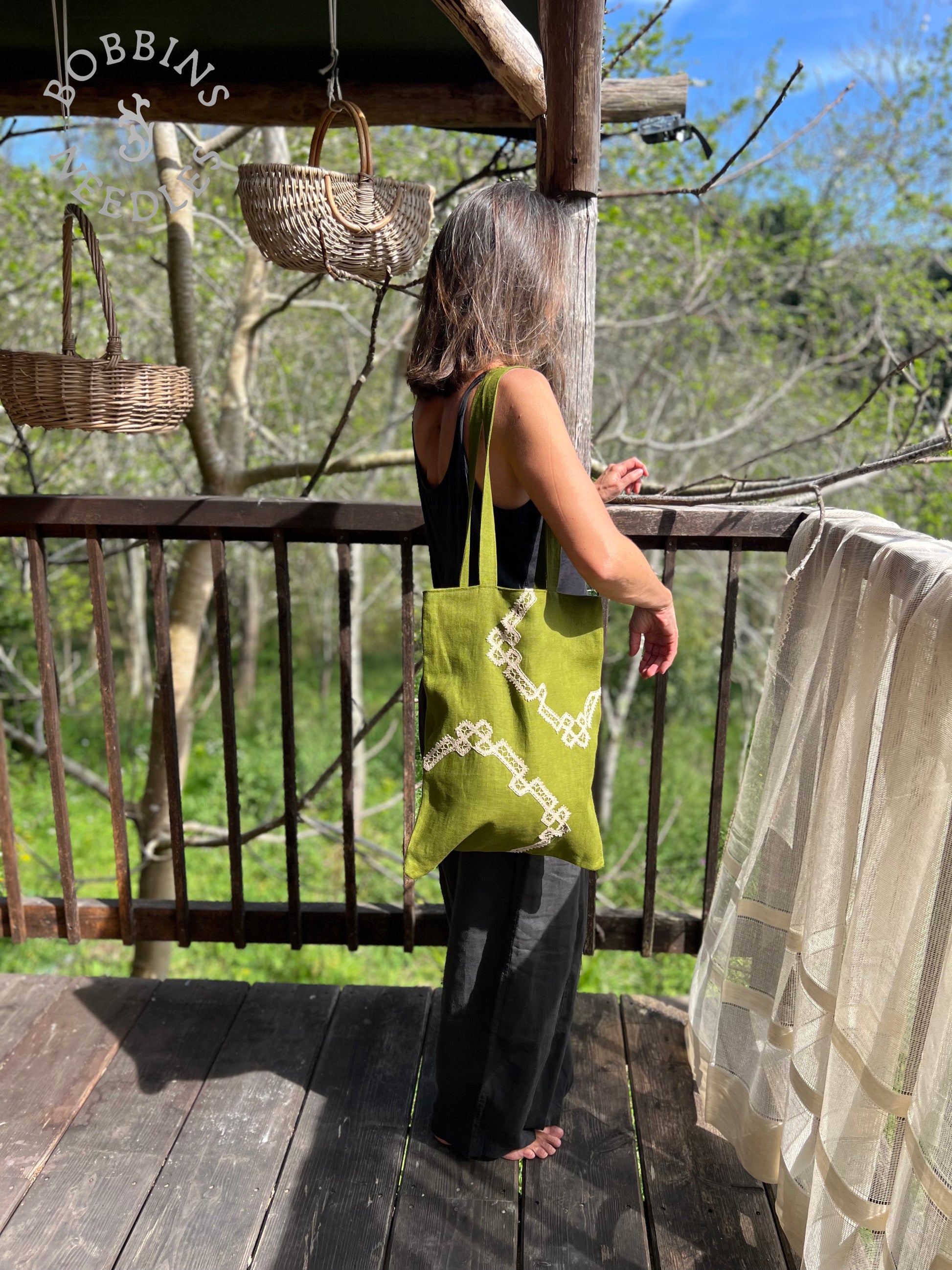 Linen Tote Bag | Moss Green | Handmade | One of a Kind - Bobbins&Needles