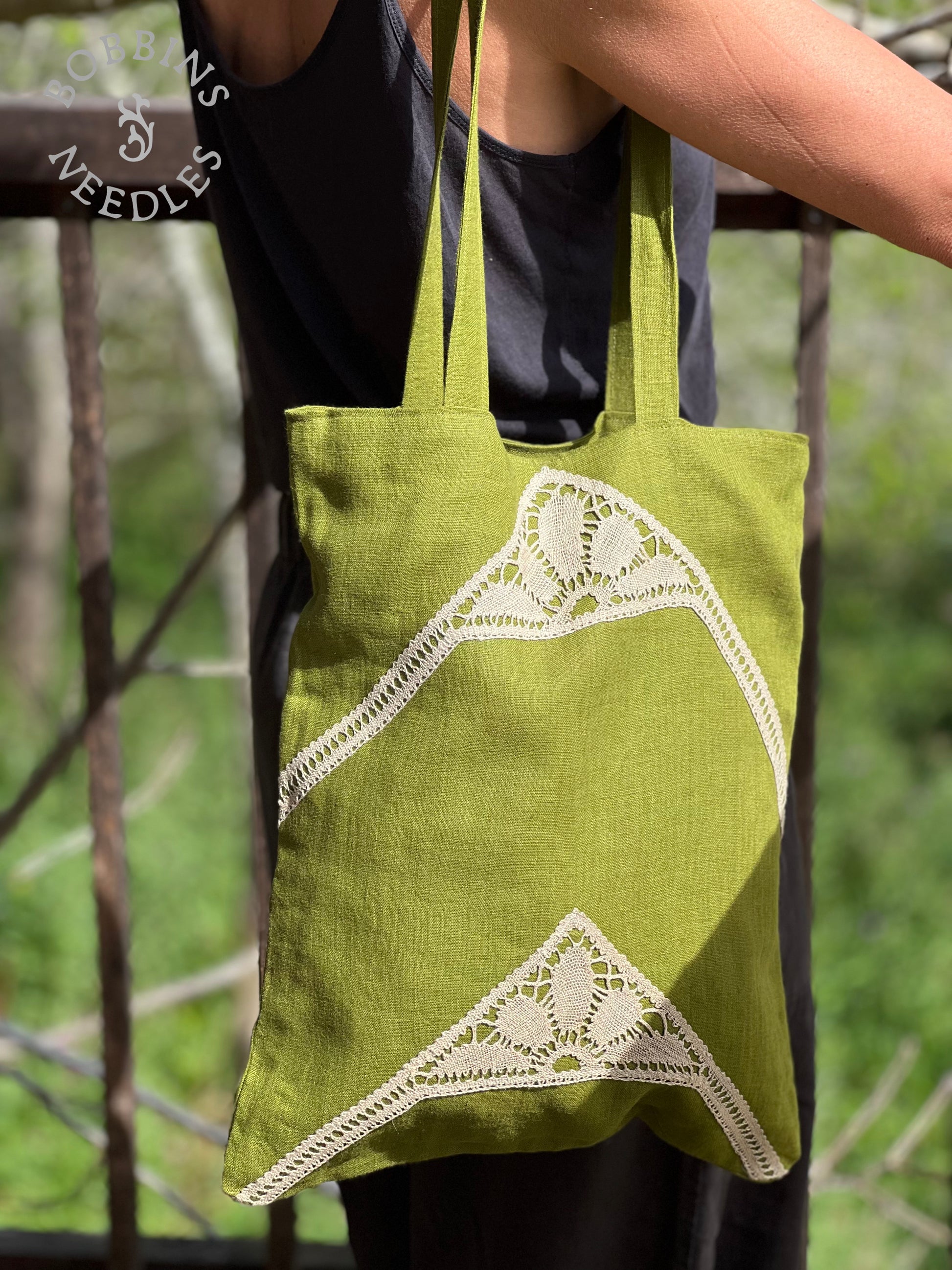 Linen Tote Bag | European Linen | Green Moss | One of a Kind - Bobbins&Needles