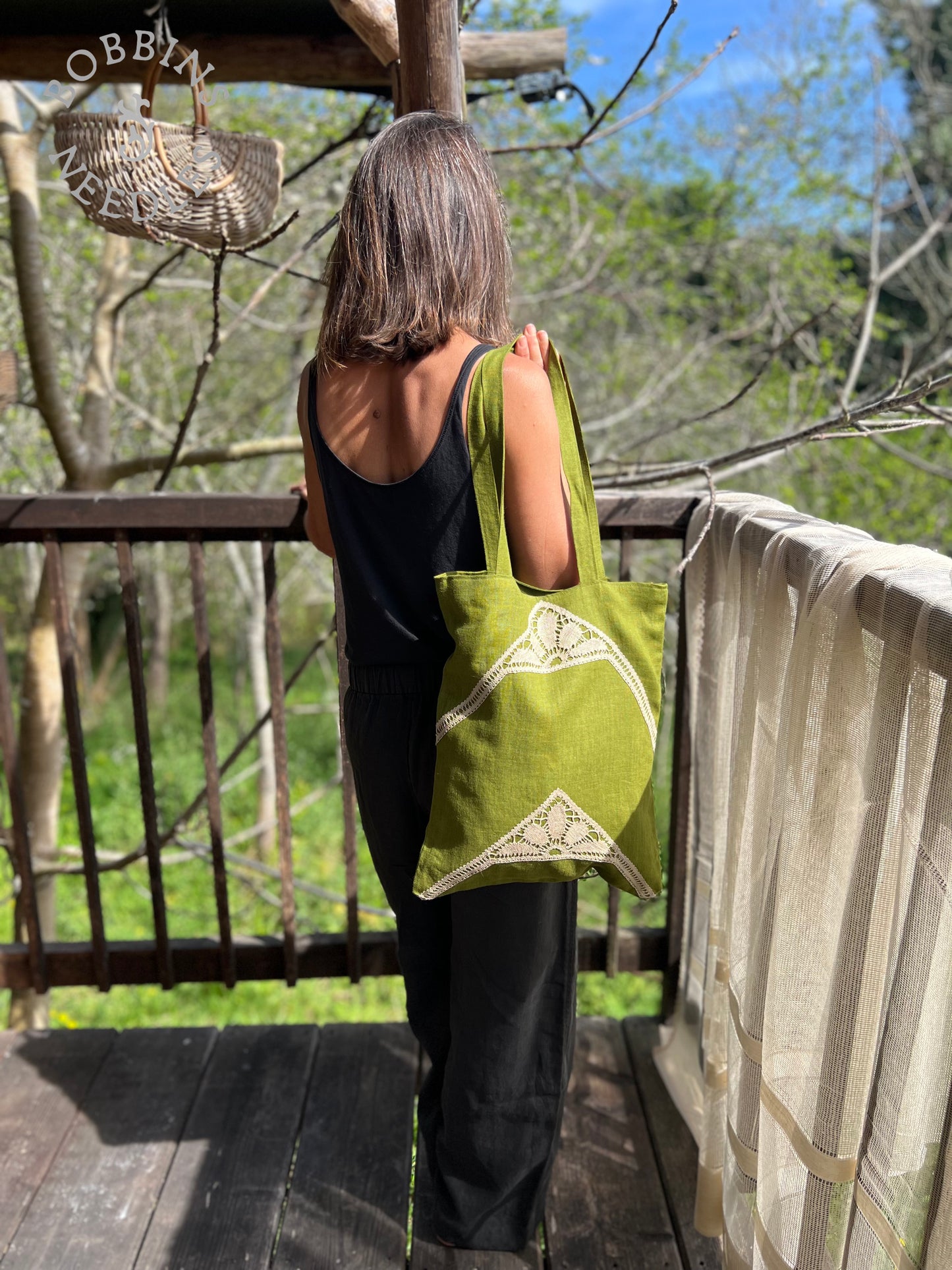 Linen Tote Bag | European Linen | Green Moss | One of a Kind - Bobbins&Needles