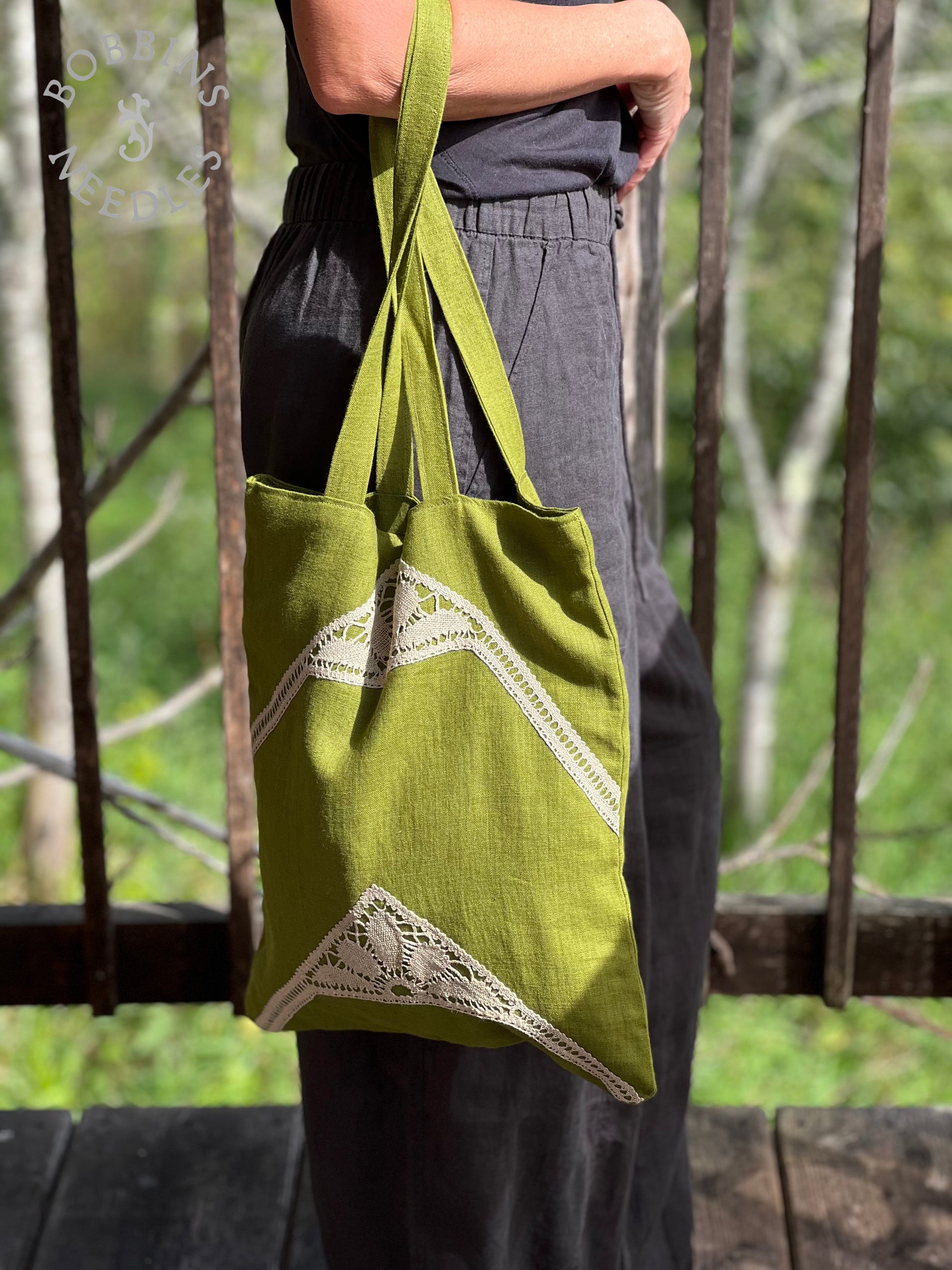 Linen Tote Bag | European Linen | Green Moss | One of a Kind - Bobbins&Needles
