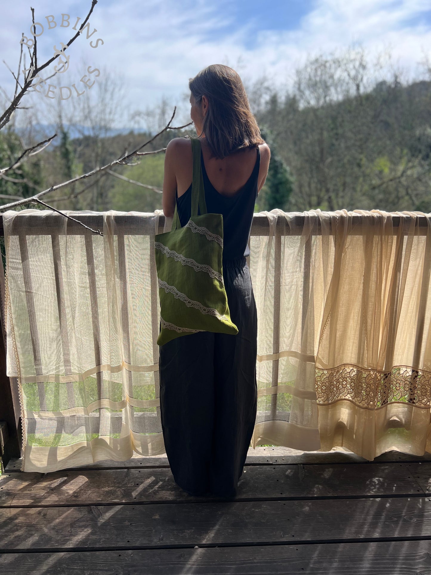 Linen Tote Bag | European Linen | Handmade | Moss Green - Bobbins&Needles