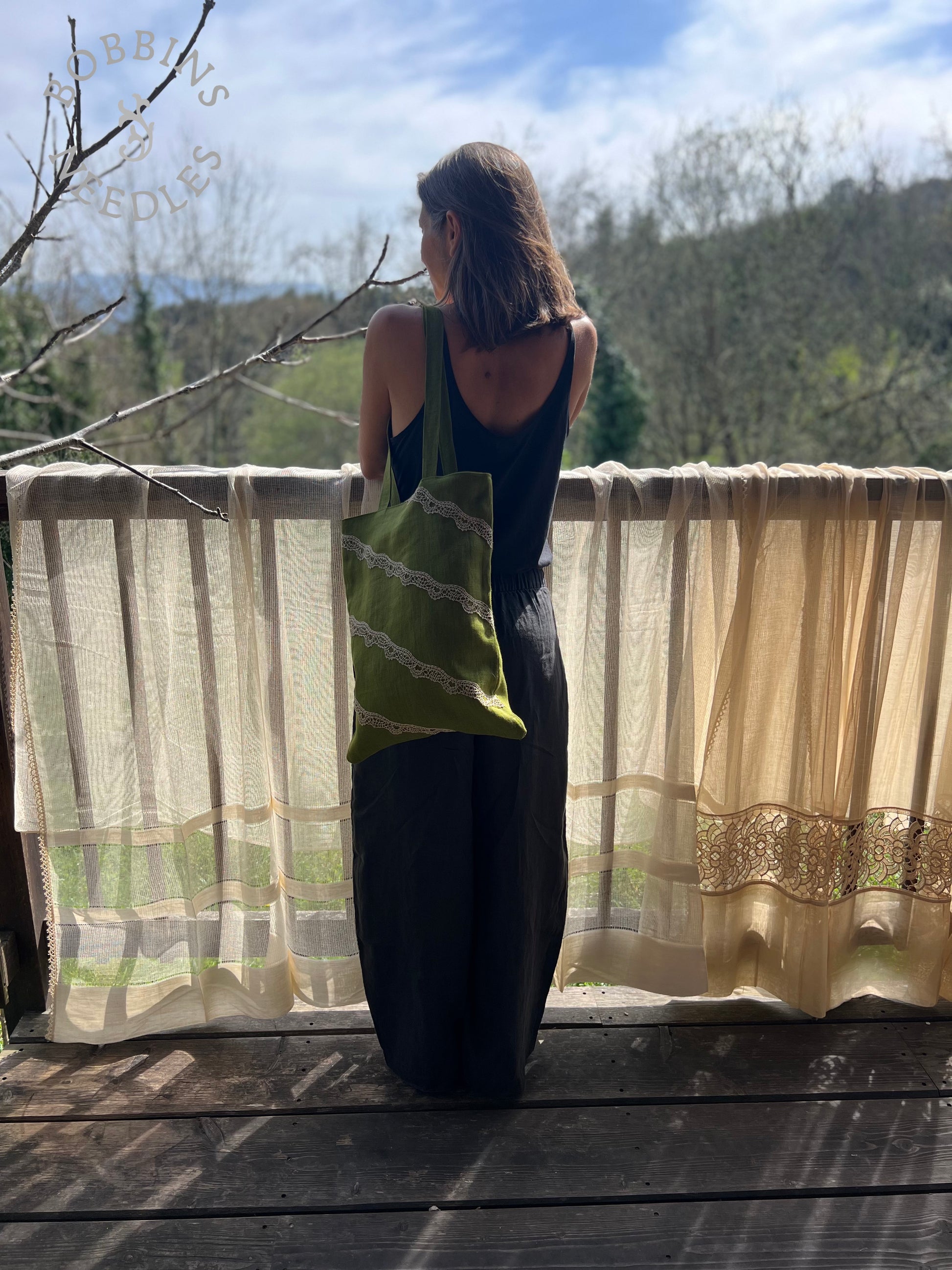 Linen Tote Bag | European Linen | Handmade | Moss Green - Bobbins&Needles