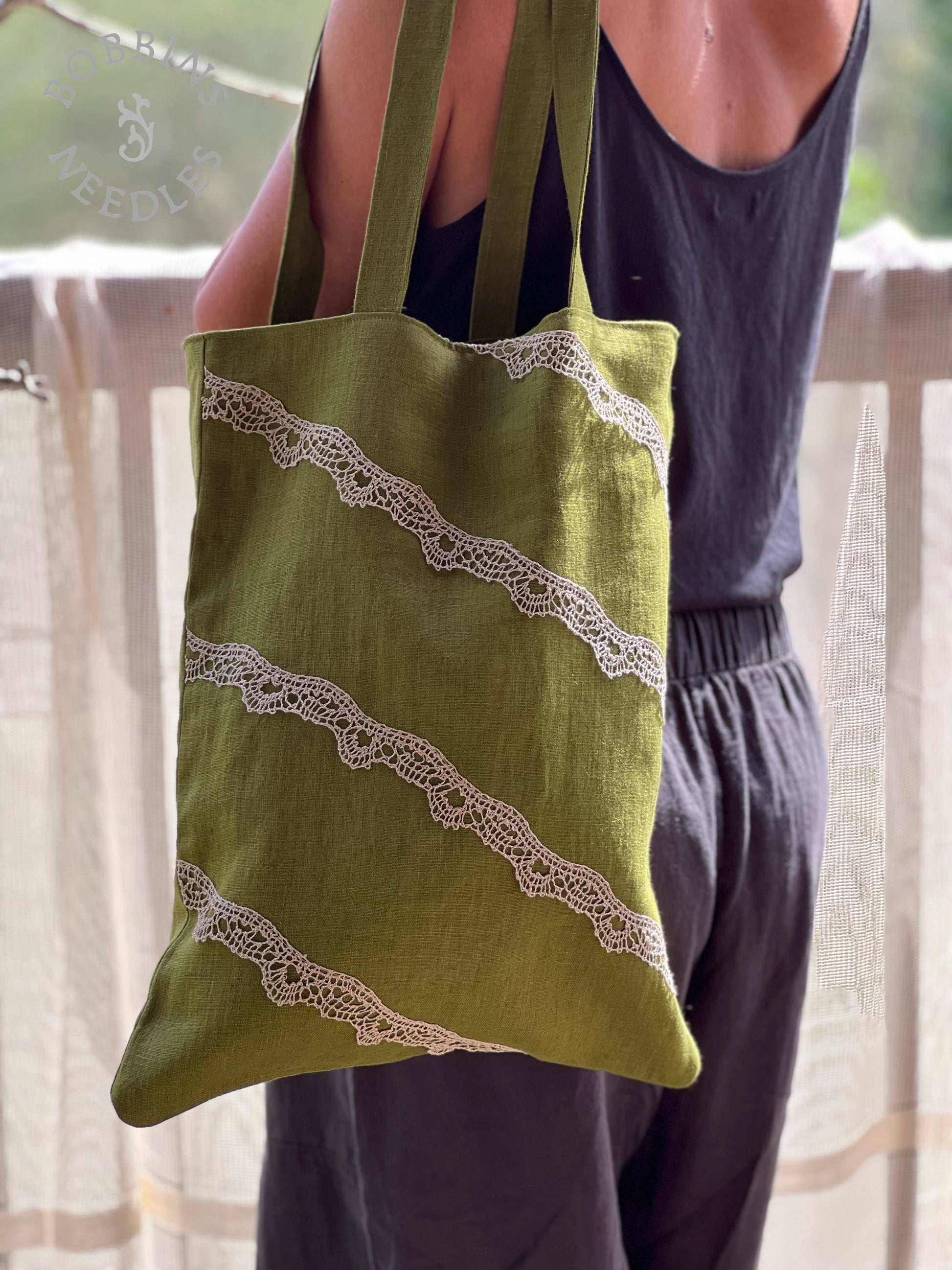 Linen Tote Bag | European Linen | Handmade | Moss Green - Bobbins&Needles