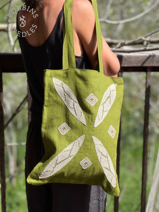 Linen Tote Bag | Moss Green | Handmade | One of a Kind - Bobbins&Needles