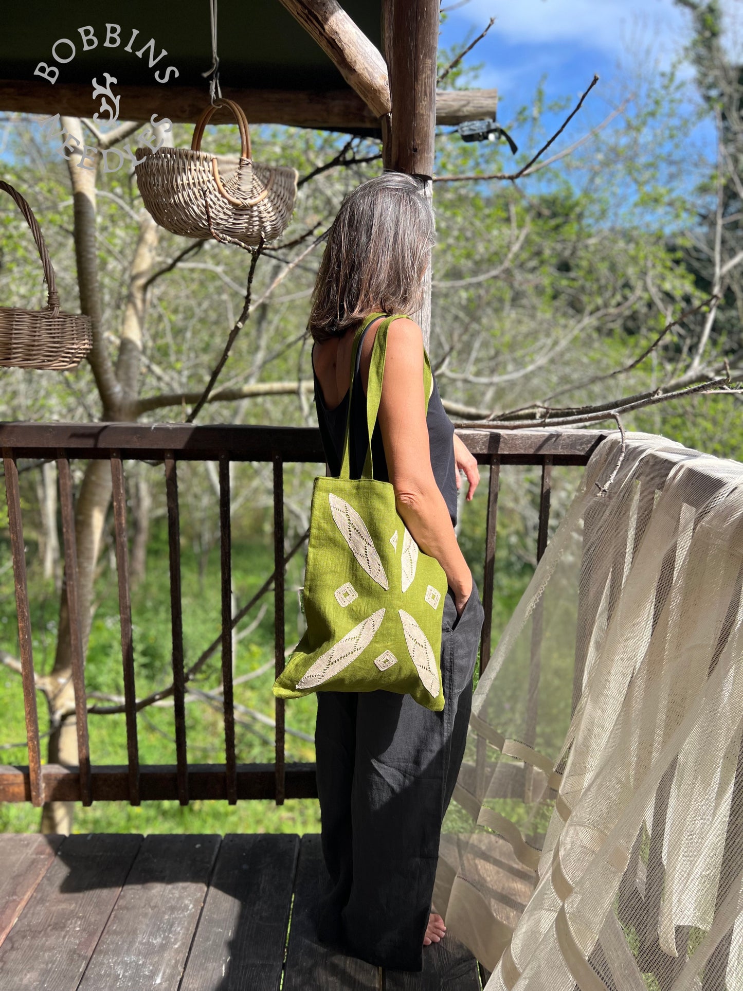 Linen Tote Bag | Moss Green | Handmade | One of a Kind - Bobbins&Needles