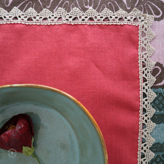Raspberry Pink Linen Placemats with Vintage French Lace Border (Set of 2)