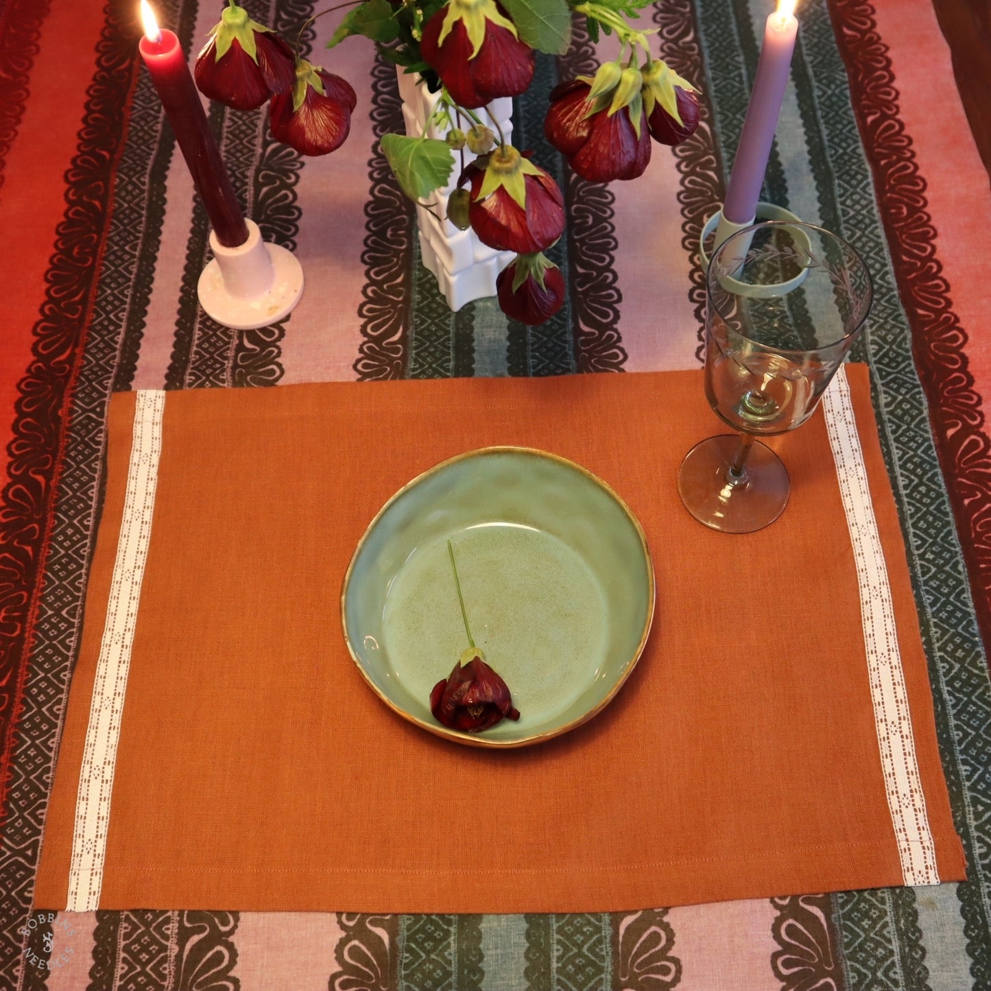 Linen Placemat with Vintage Lace Trim in Terracota Linen Color