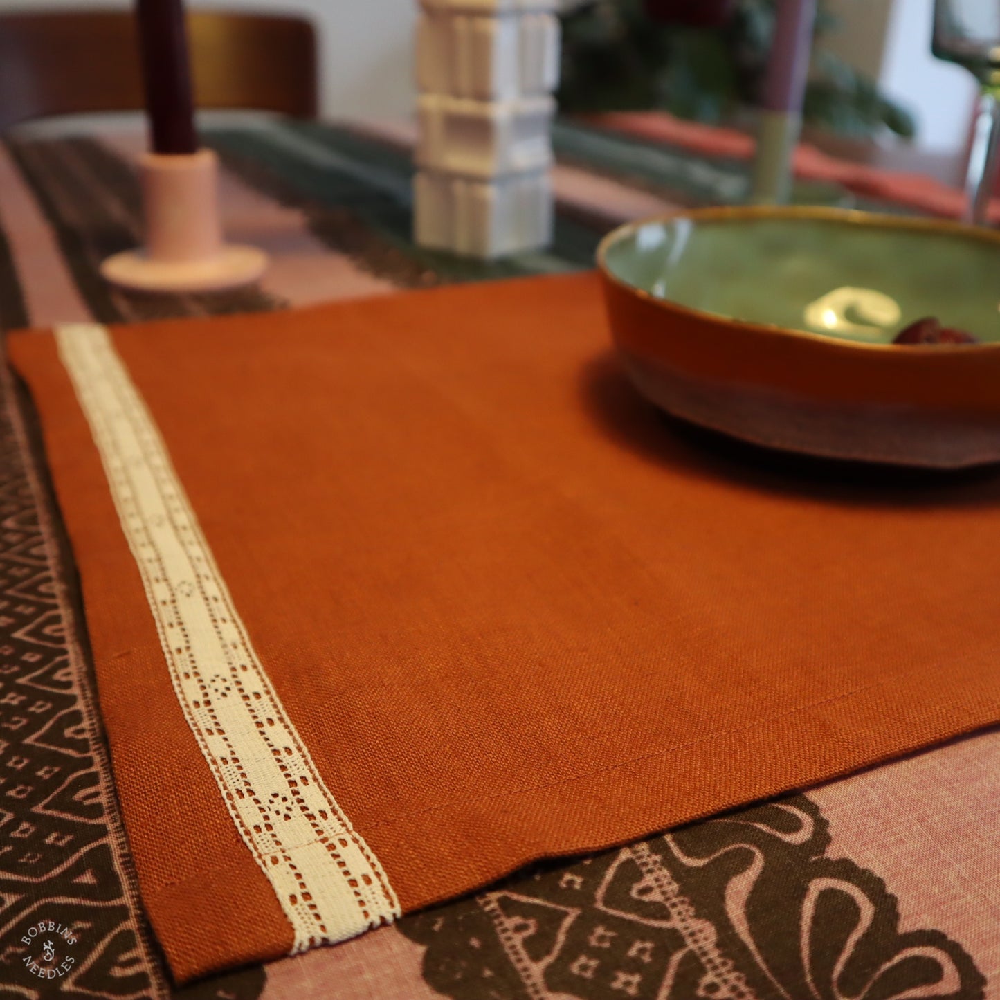 Linen Placemat with Vintage Lace Trim in Terracota Linen Color